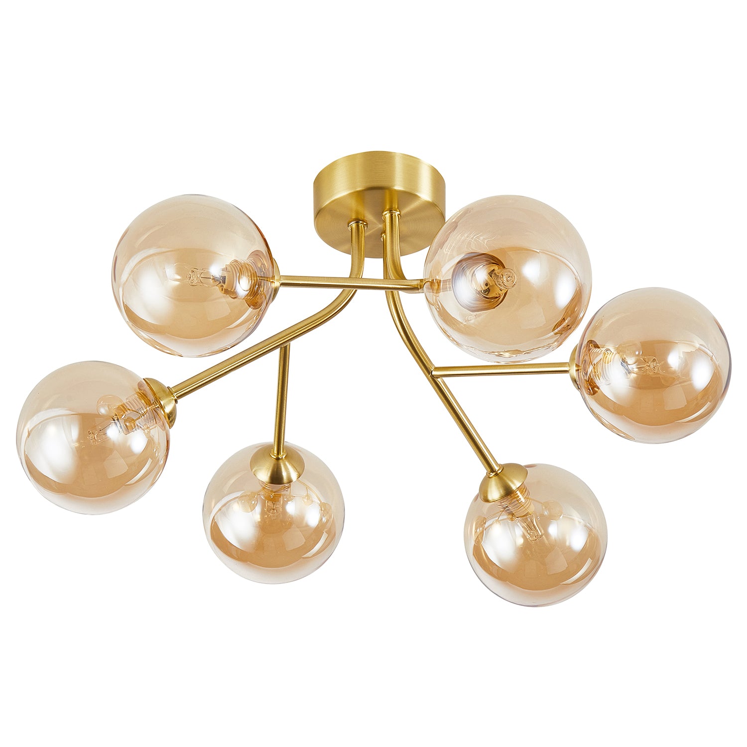 Designer Satin Gold 6-Arm Ceiling Light Fixture with Amber Tinted Glass Shades Image 2