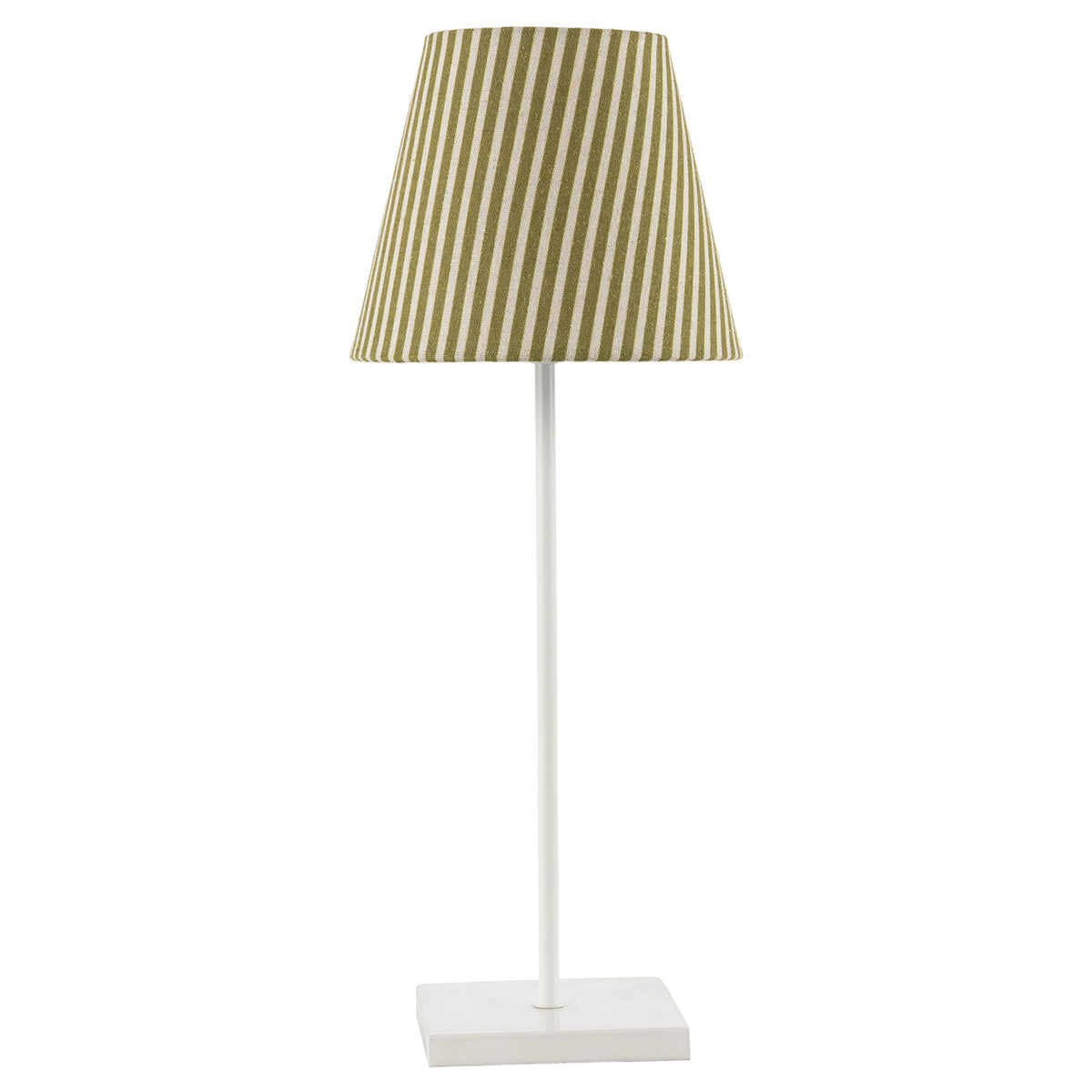 Olive Green and White Cotton Fabric Striped Table Lamp with White Base Image 1
