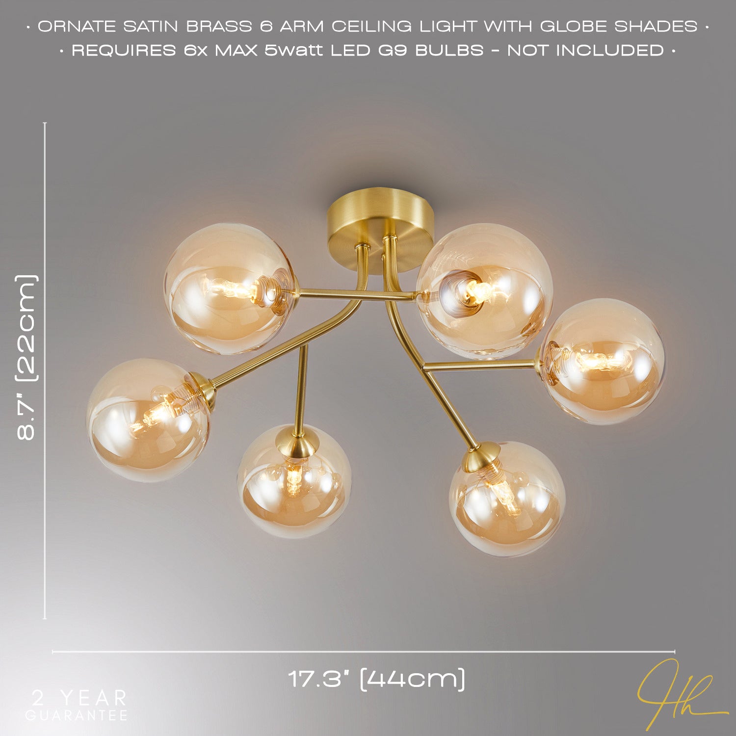 Designer Satin Gold 6-Arm Ceiling Light Fixture with Amber Tinted Glass Shades Image 6