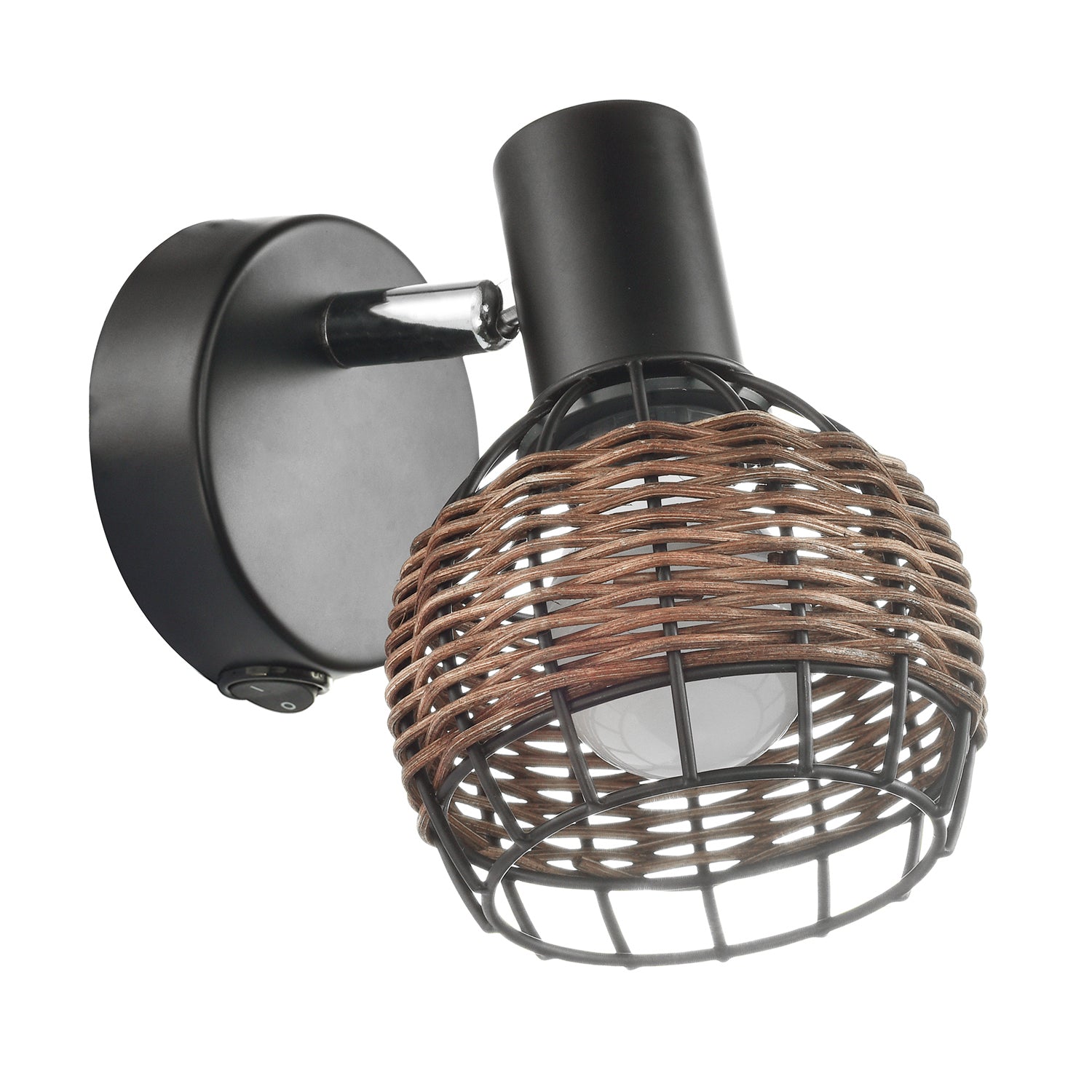 Industrial and Vintage Black Switched Wall Light with Dark Rattan Framed Shade Image 2