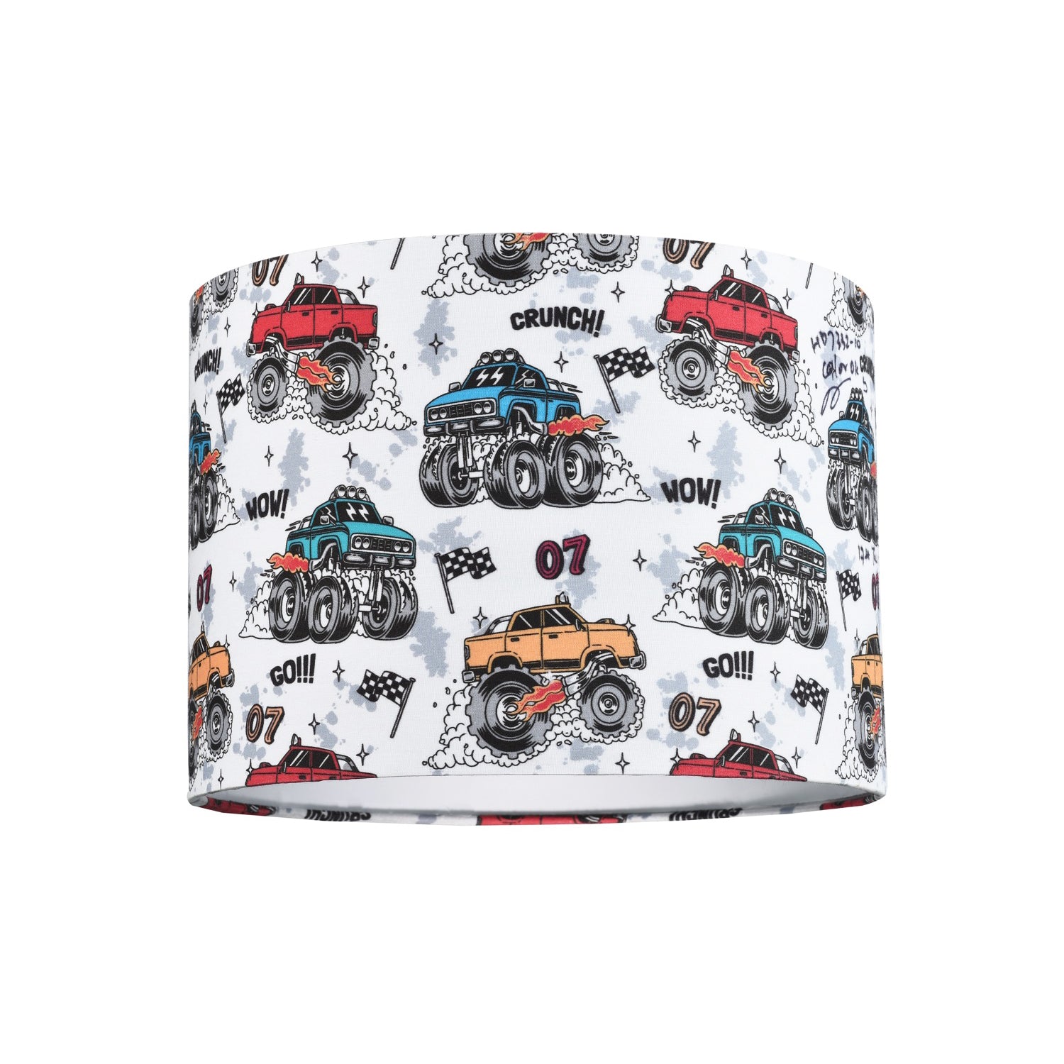 Modern and Colourful Monster Trucks Kids Cotton Fabric Drum Lamp Shade - 25cm Image 1