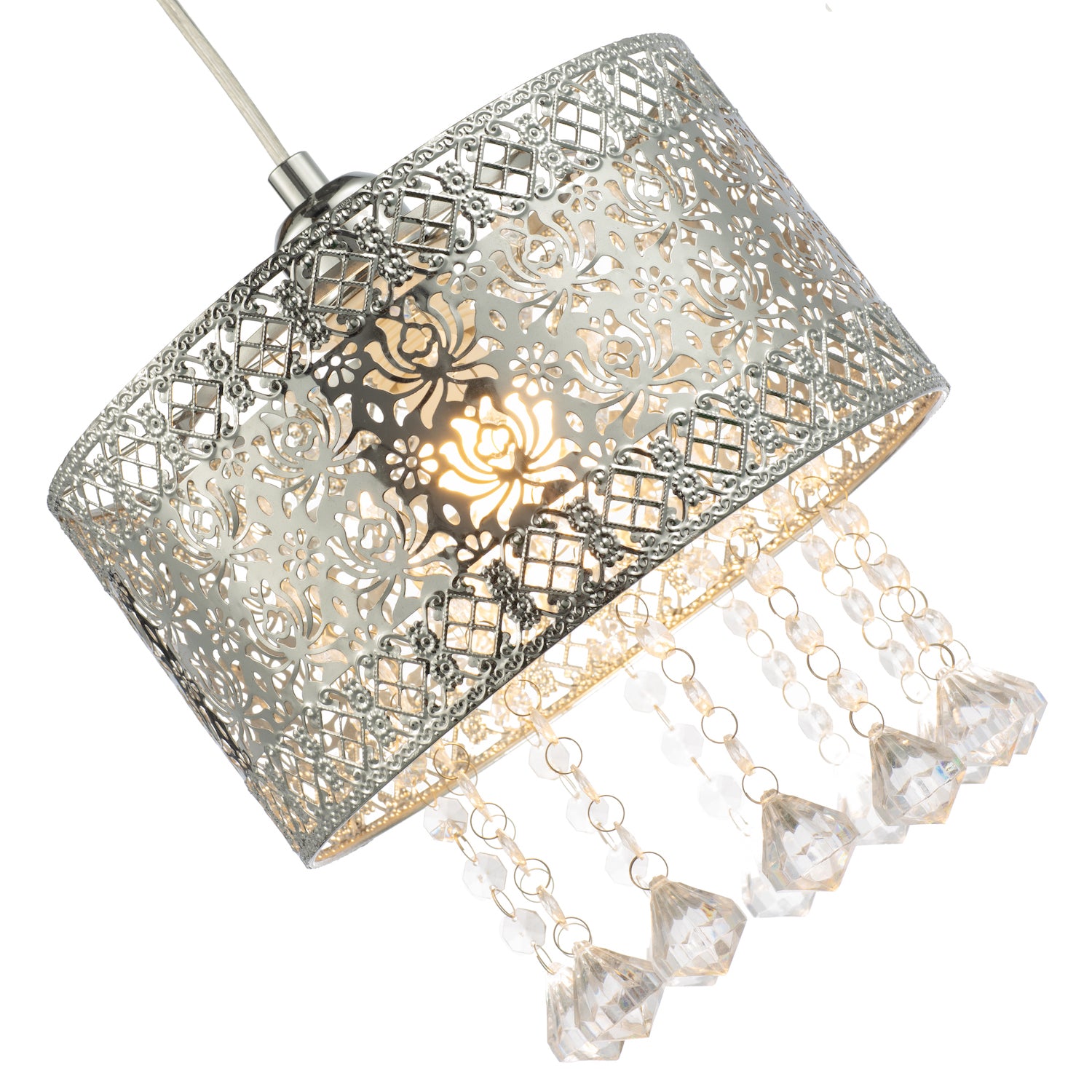 Floral Moroccan Pendant Light Shade in Shiny Chrome with Clear Acrylic Droplets Image 4