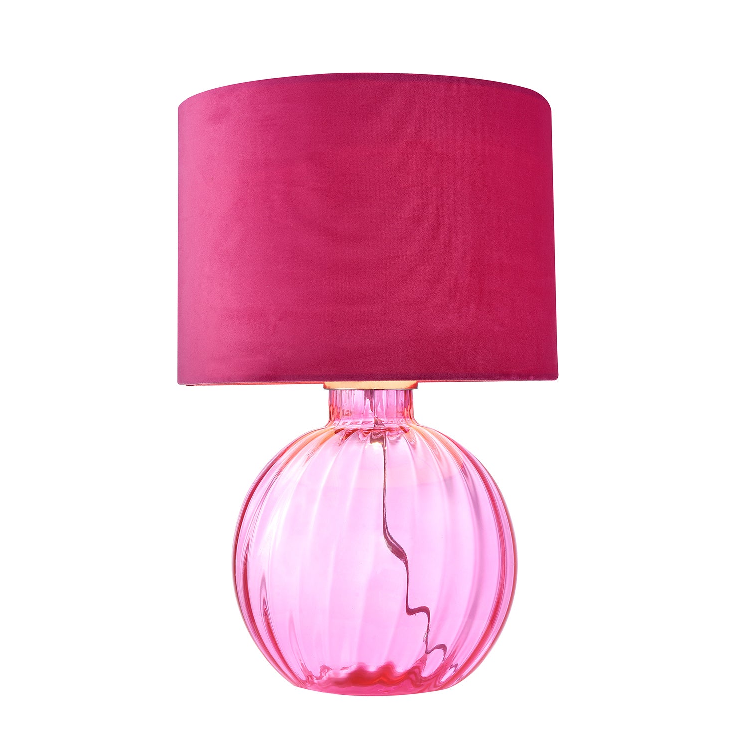 Contemporary Light Pink Ribbed Glass Table Lamp with Soft Velvet Fabric Shade Image 2