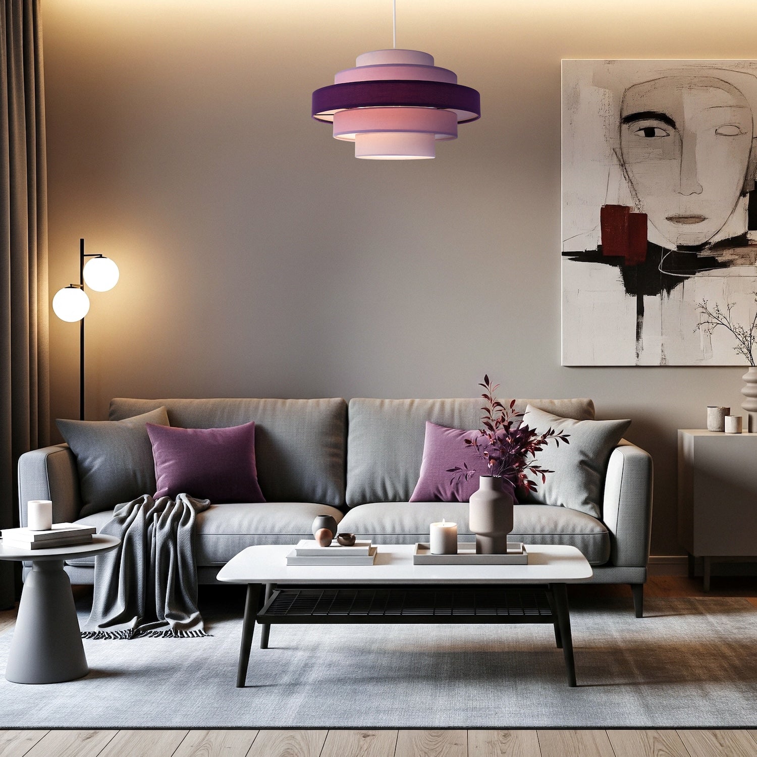 Five Tier Pendant Shade with Various Purple and Lilac Cotton Rings Image 6