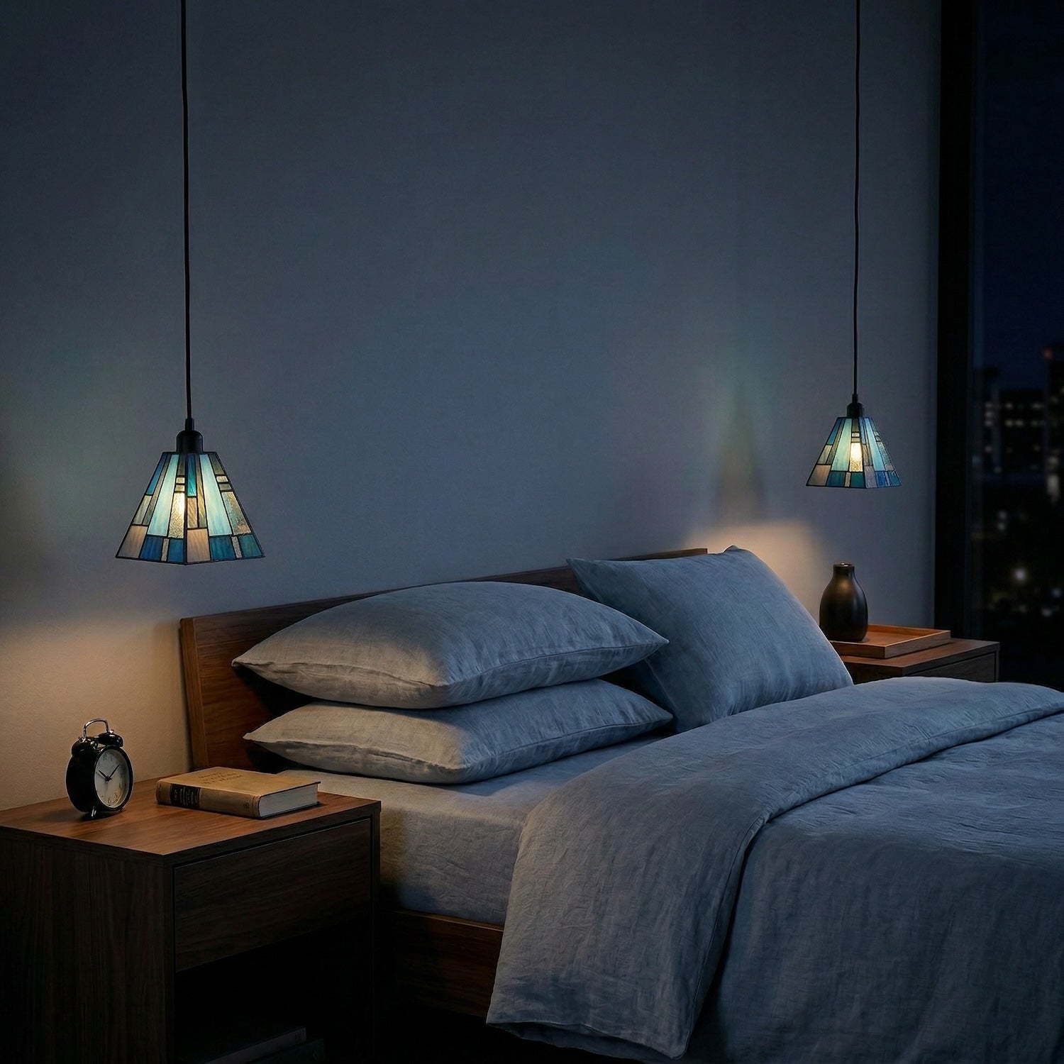 Art Deco Tiffany Pendant Lighting Shade with Pale and Navy Blue Panels Image 6