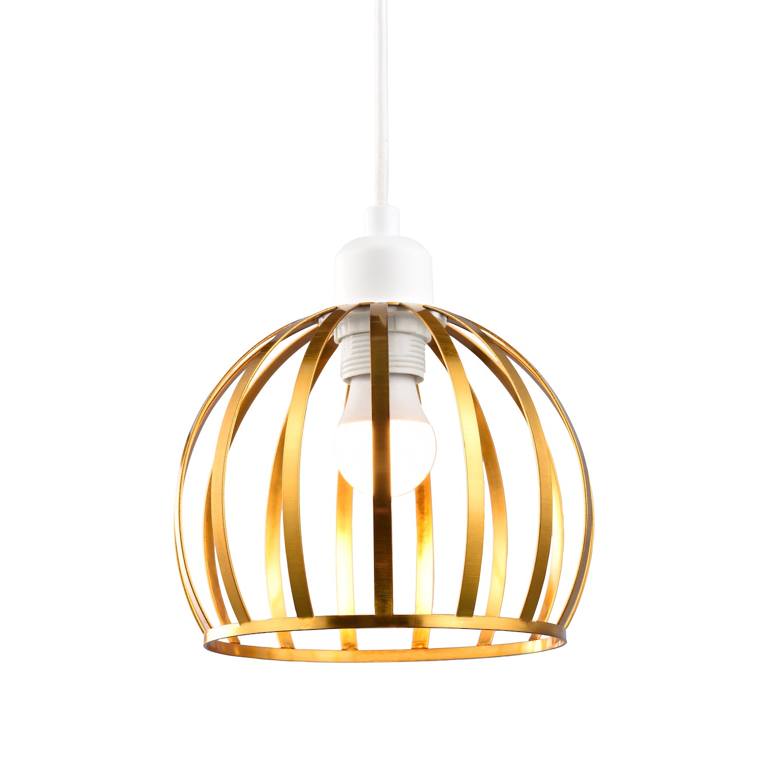 Vintage Round Cage Pendant Shade with Brushed Gold Metal Strips - Chic Design Image 1