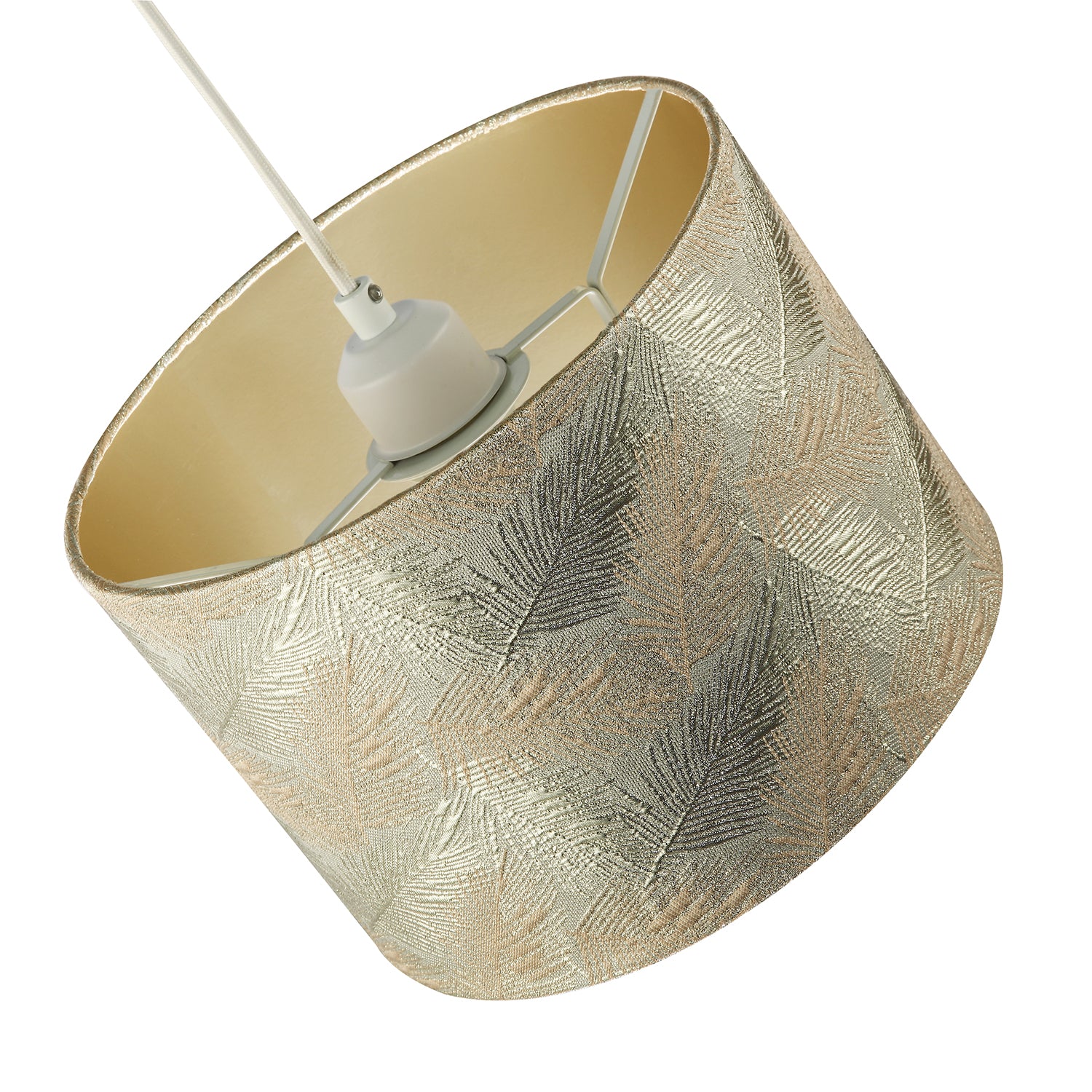 Modern Floral Drum Lamp Shade with Shiny Gold and Silver Fern Leaves Image 4
