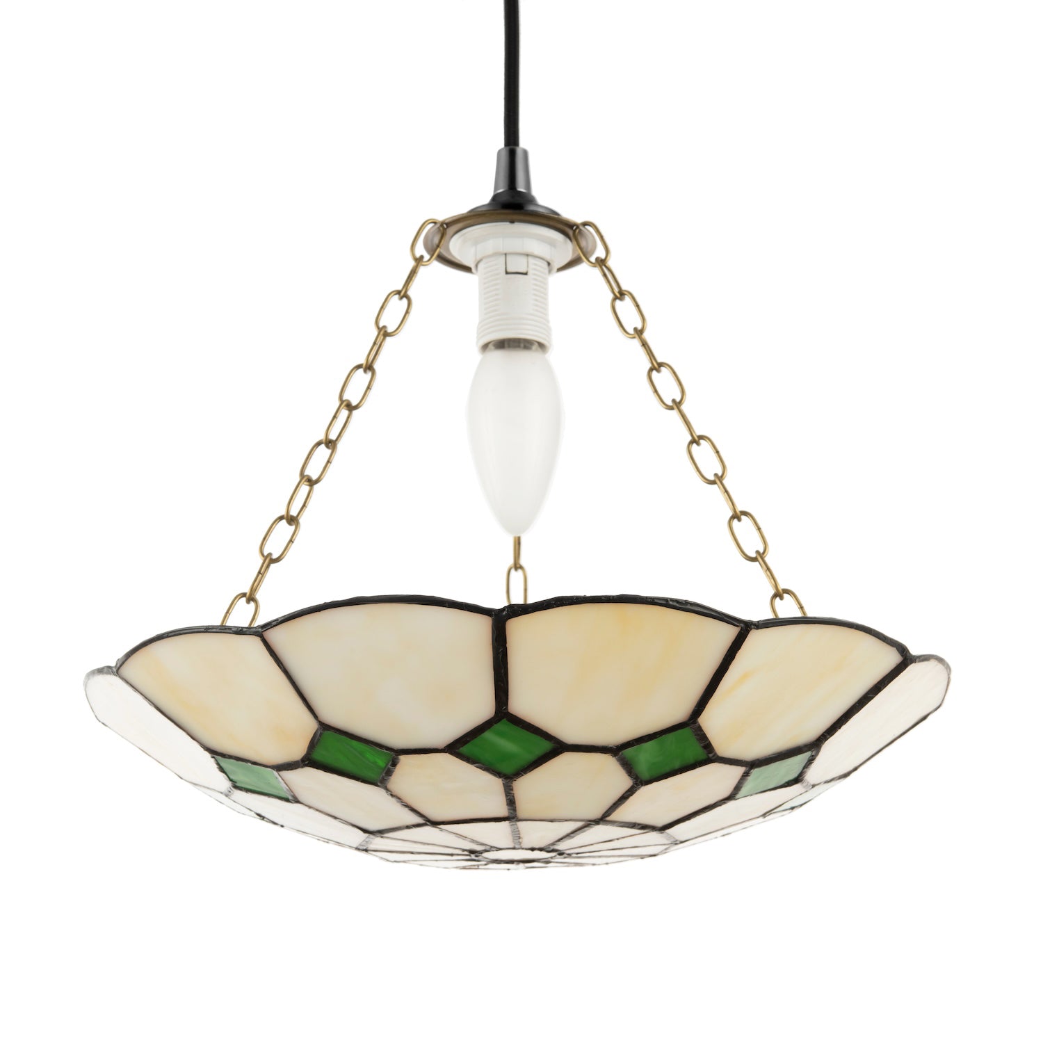 Classic Amber Stained Glass Tiffany Pendant Lighting Shade with Green Diamonds Image 1