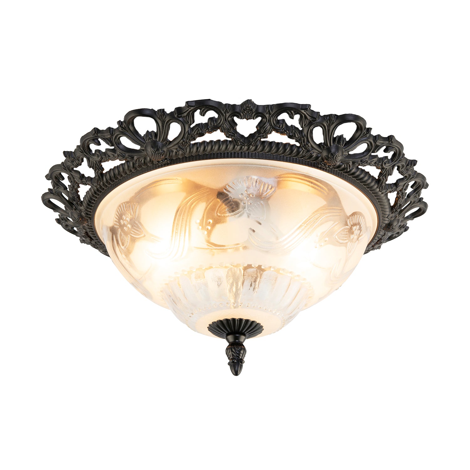 Traditional and Classic Matt Black and Frosted Floral Glass Flush Ceiling Light Image 2