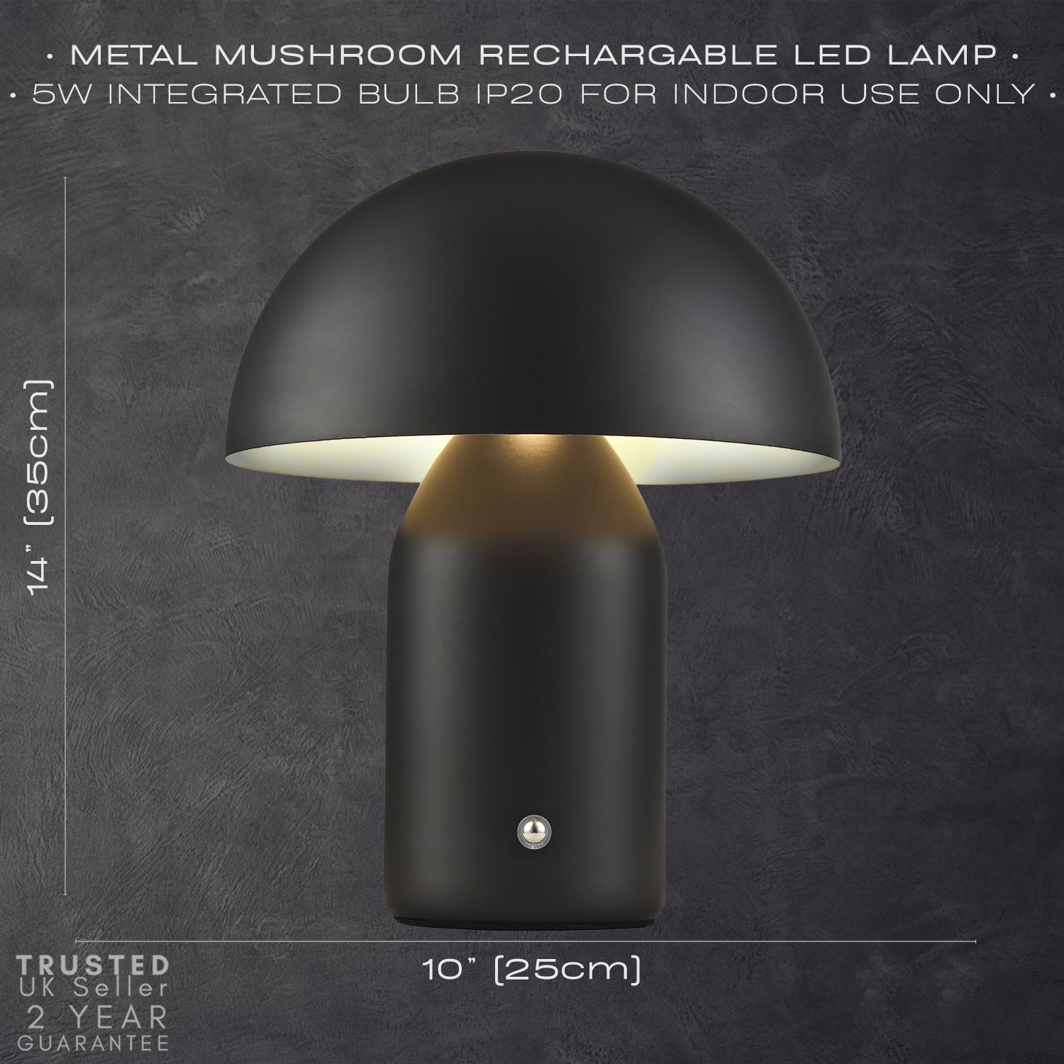 Modern Rechargeable 35cm Mushroom Lamp in Mat Black with Touch Dimmer Button Image 7