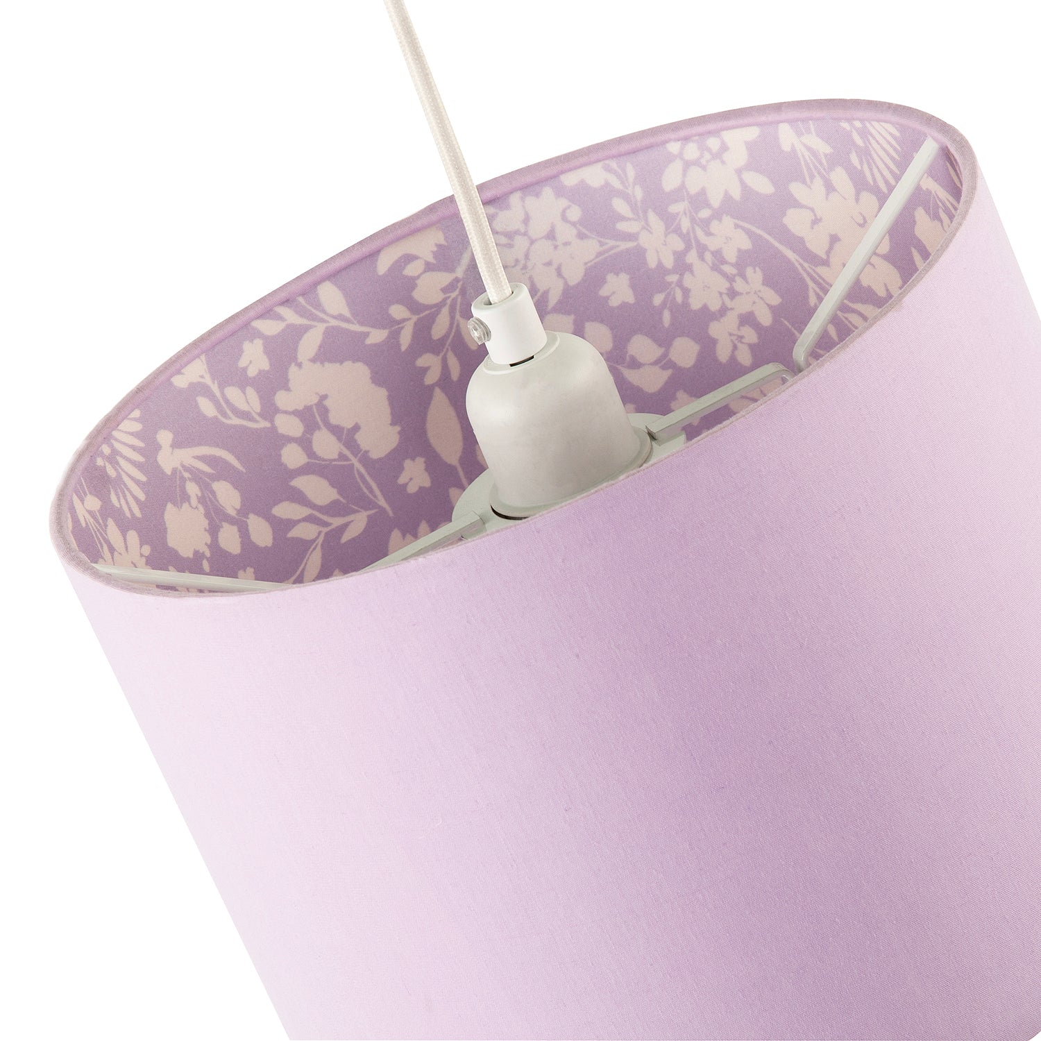 Lilac Cotton Drum Lamp Shade with Inner White Floral Pattern Lining Image 3