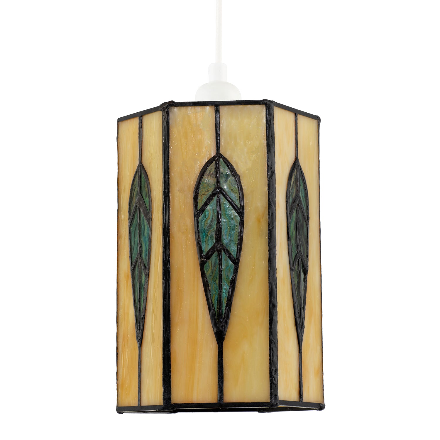 Hexagonal Tiffany Pendant Light Shade with Emerald Green Leaf Decor Image 5