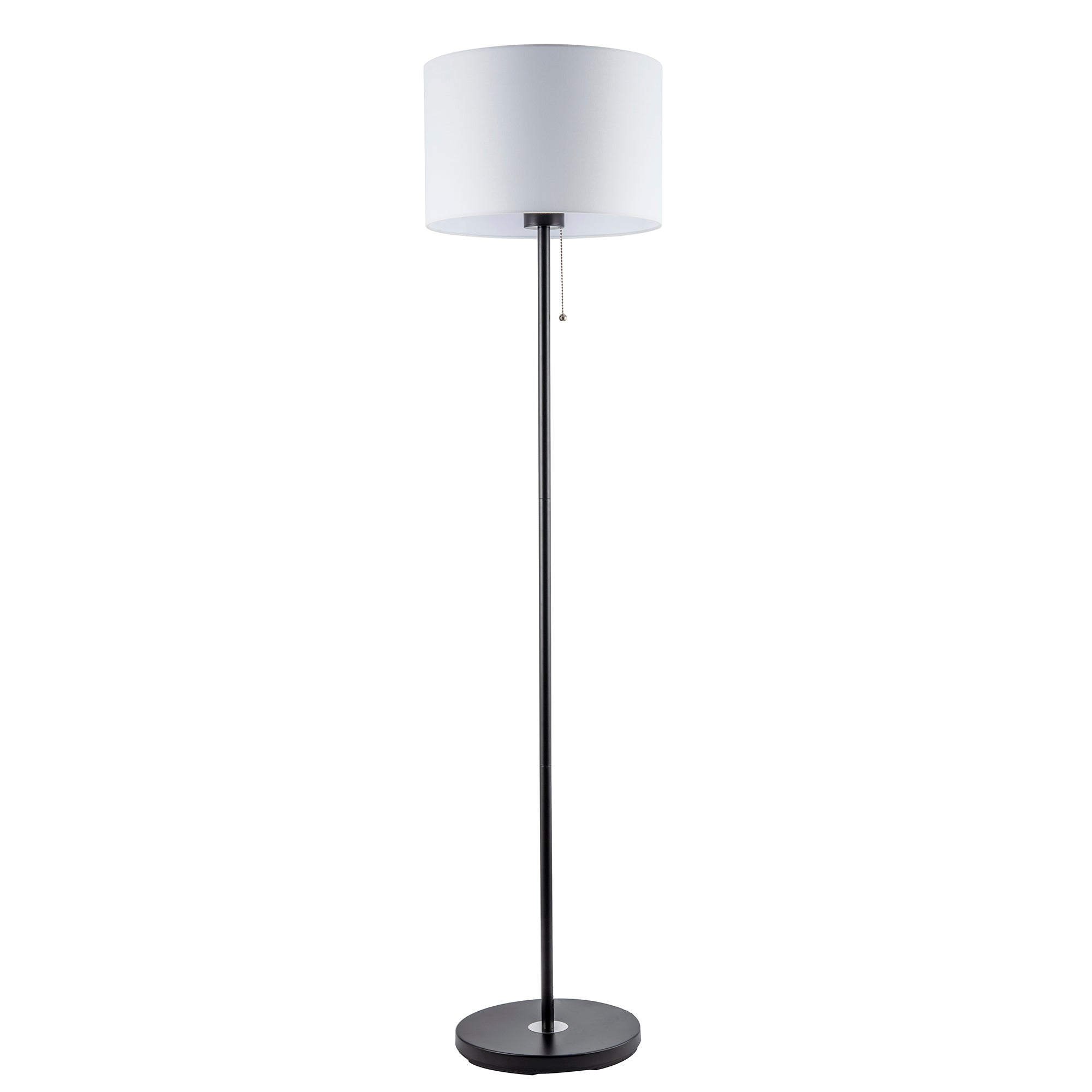 Classic Matte Black Floor Lamp with Metal Pull Switch and Cotton Shade Image 1