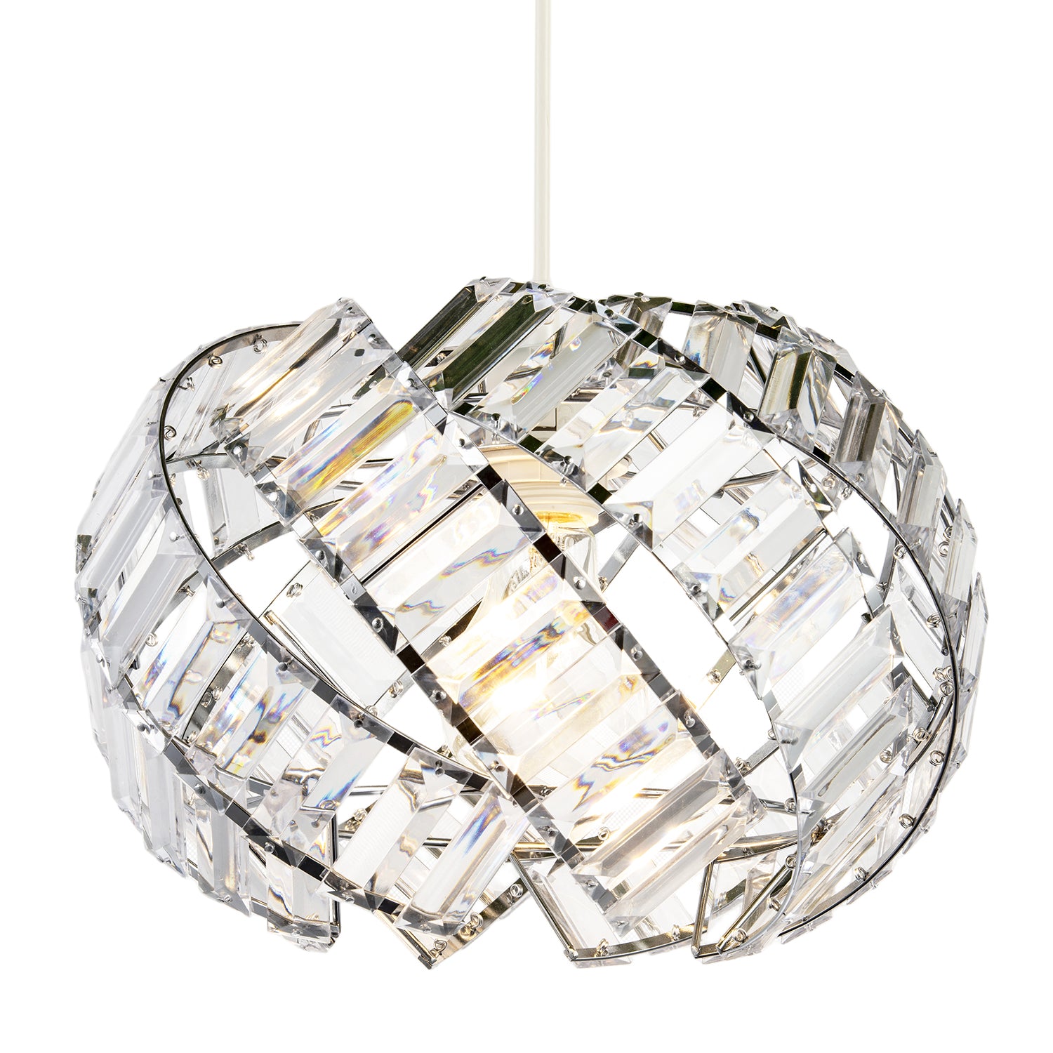 Modern Chrome Pendant Lamp Shade with Curved Strips and Acrylic Prisms Image 2