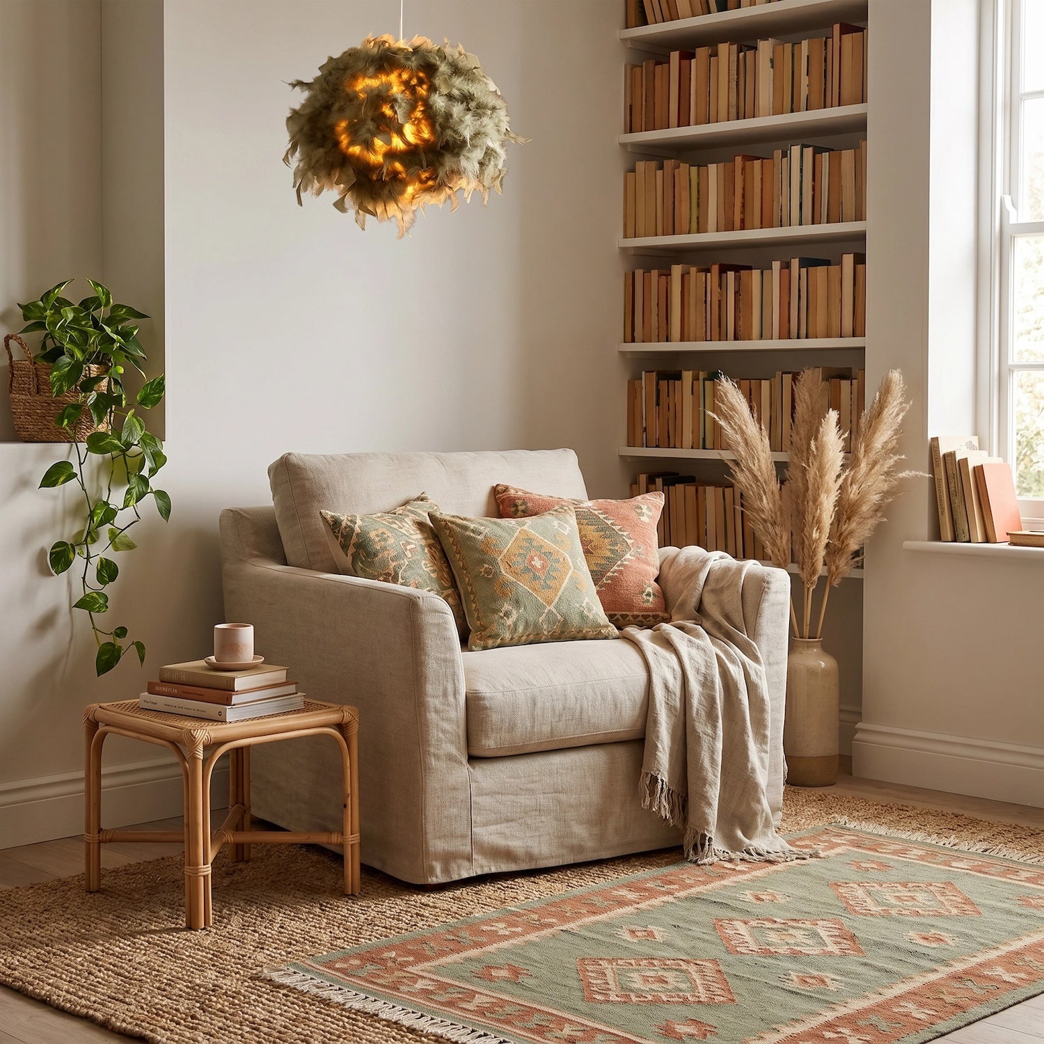 Eye-Catching and Modern Olive Green Feather Decorated Pendant Shade Image 6