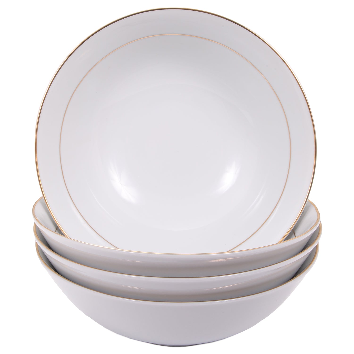 Set of 4 Durable White Ceramic Dinner Bowls with Dual Shiny Gold Plated Rims Image 1