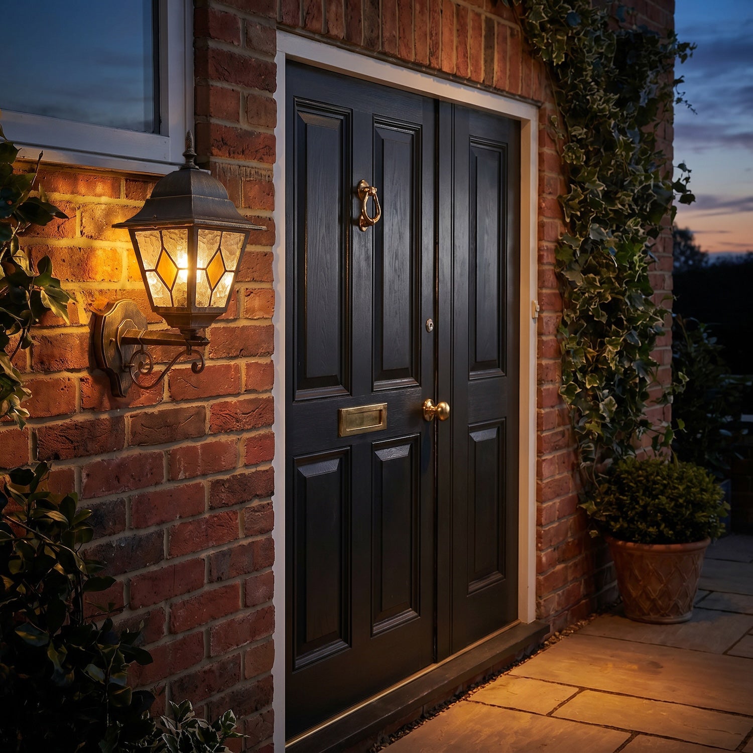 Black/Gold Cast Aluminium Outdoor Wall Light With Amber Leaded Glass Image 6