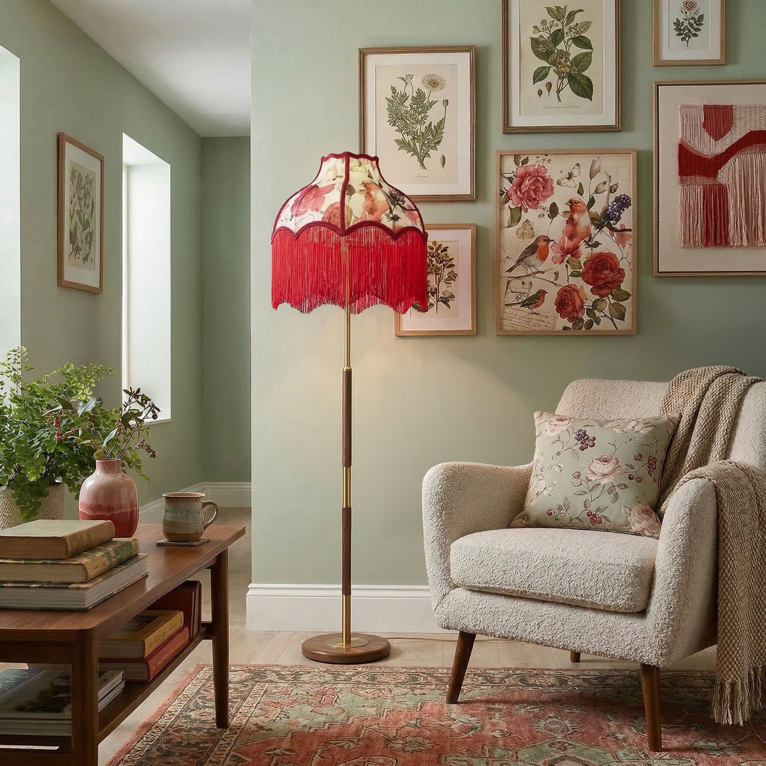 Chic Red Robin Themed Vintage Victorian Style Cotton Fabric Lamp Shade Image 6