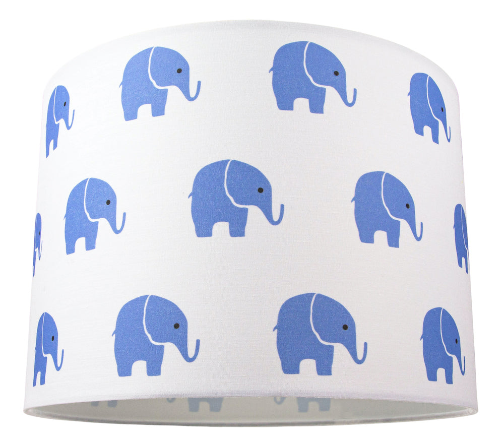 Blue Elephants Children's/Kids White Cotton Fabric Bedroom Lamp or Pendant Shade Image 1