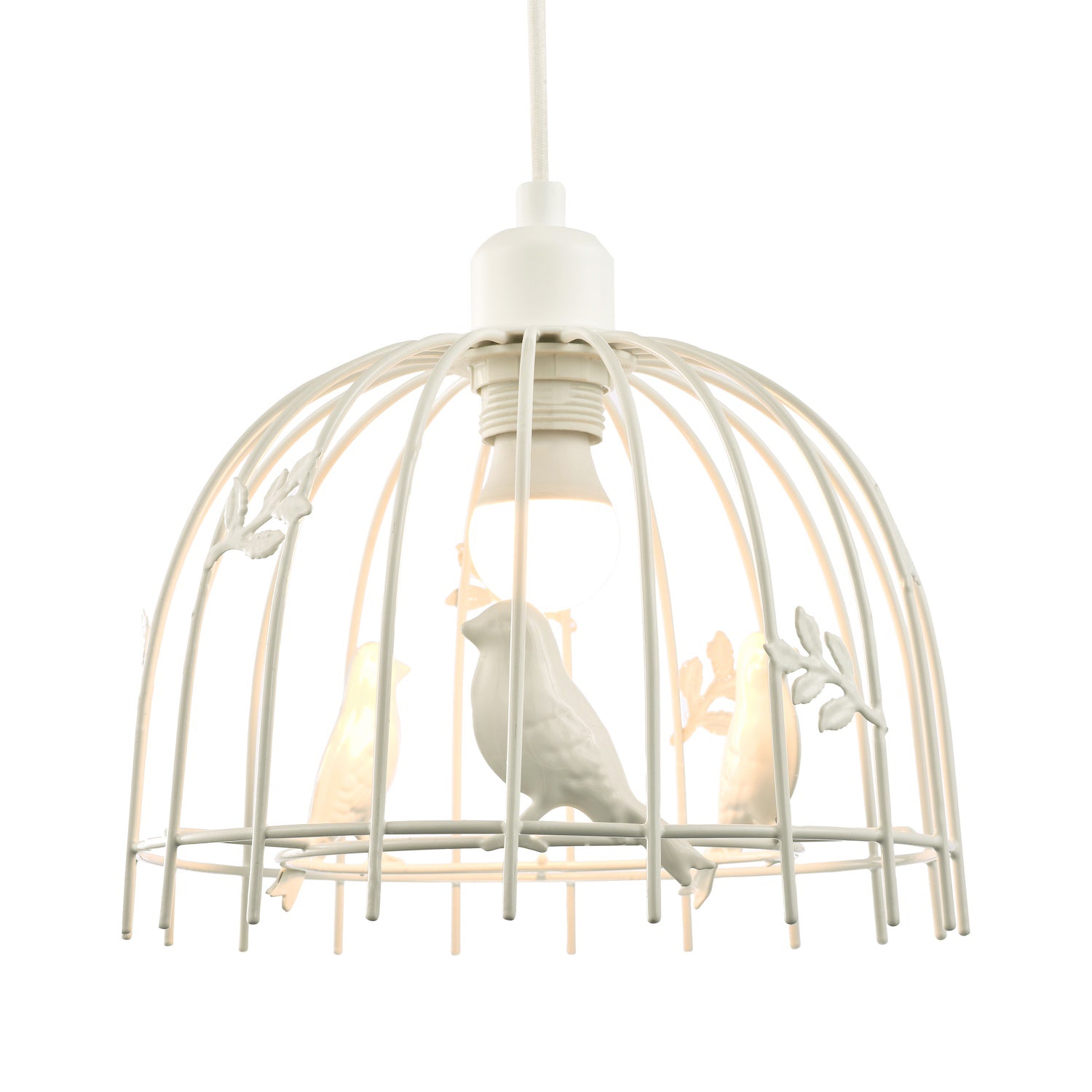 Birdcage Pendant Shade in White Gloss Metal with Birds and Leaves - Shabby Chic Image 4