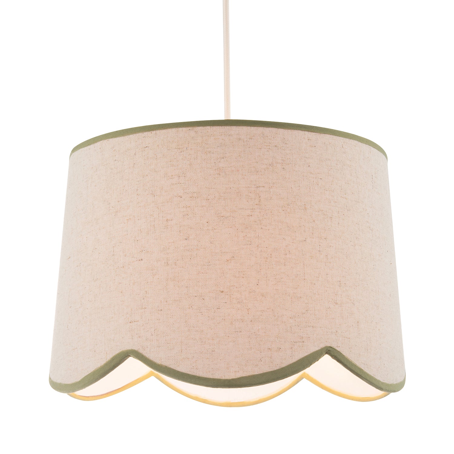 Natural Oatmeal Textured Linen Scallop Lamp Shade with Olive Trims Image 2