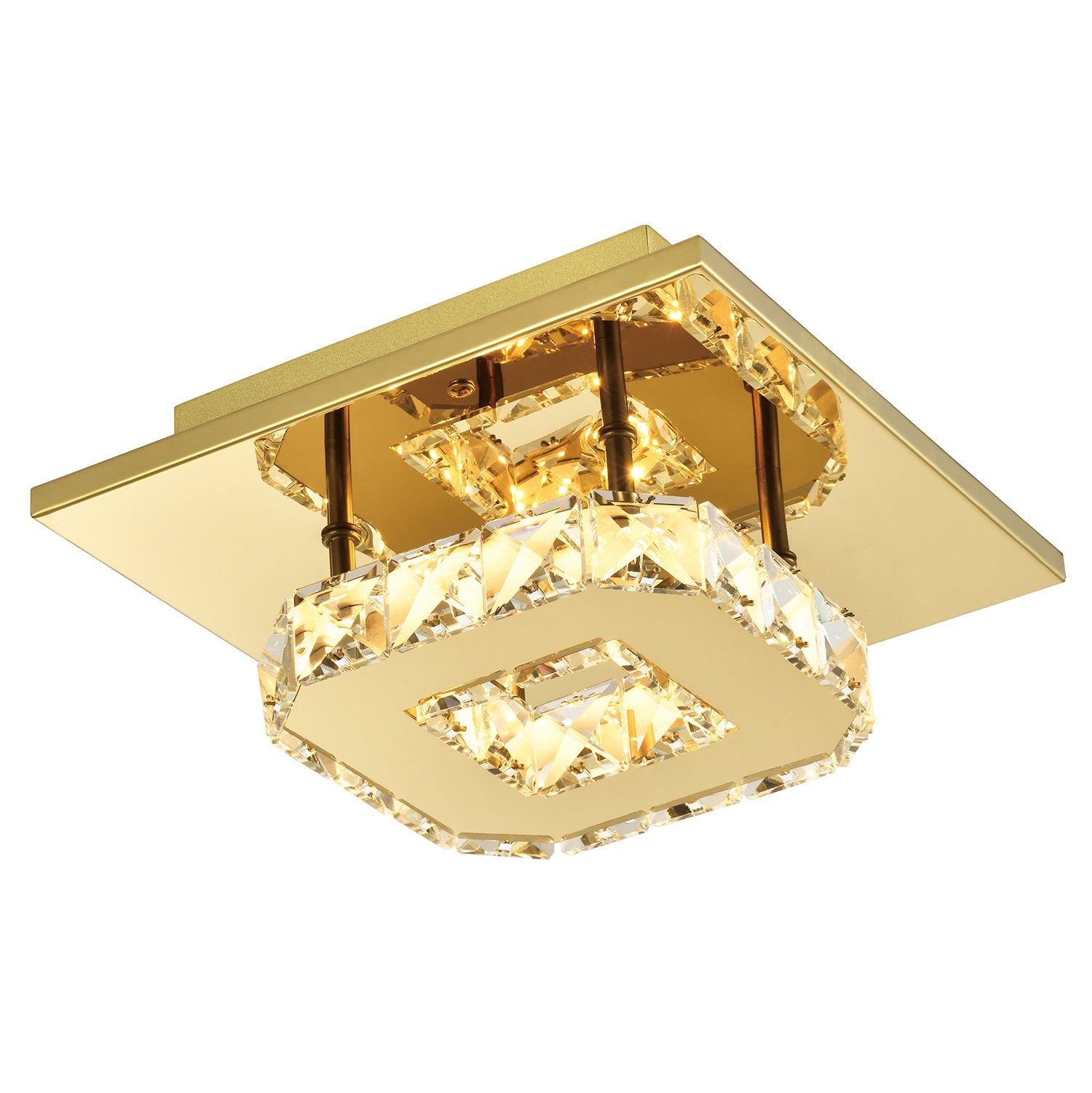 Modern LED Ceiling Light with Gold Square Metal and Clear Crystal Glass Beads Image 1