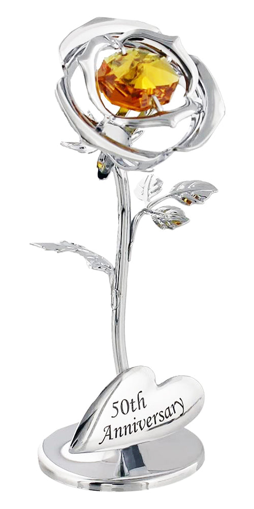 Modern "50th Anniversary" Silver Plated Flower with Gold Swarovski Crystal Glass Image 1