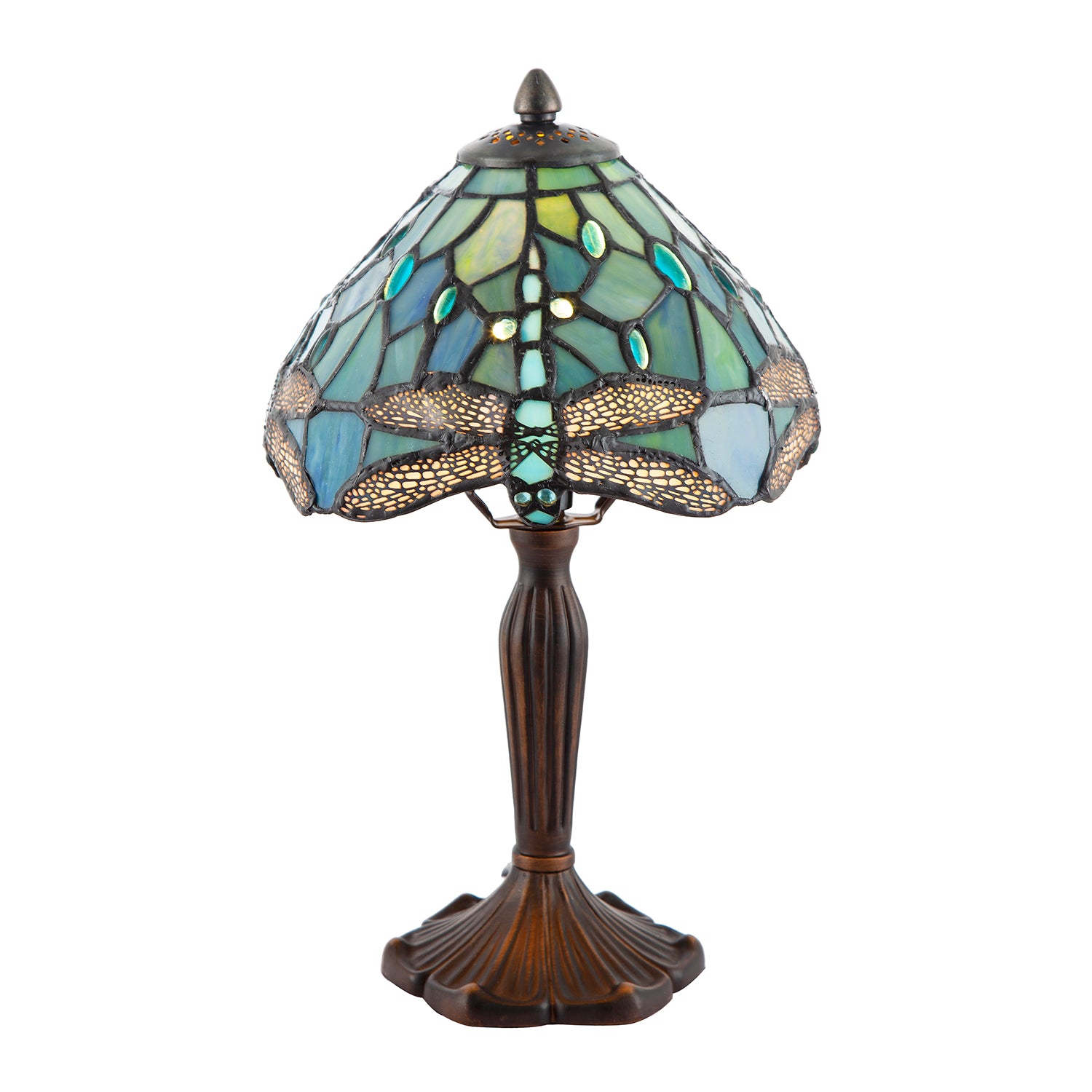 Handmade Emerald Green Stained Glass 8 Inch Tiffany Lamp with Dragonfly Design Image 1