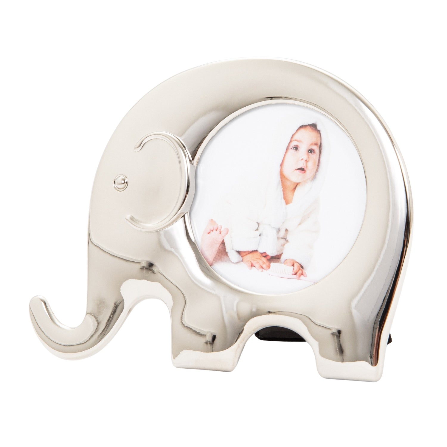 Modern Standing Elephant Themed Shiny Nickel Plated Baby Circular Picture Frame Image 1