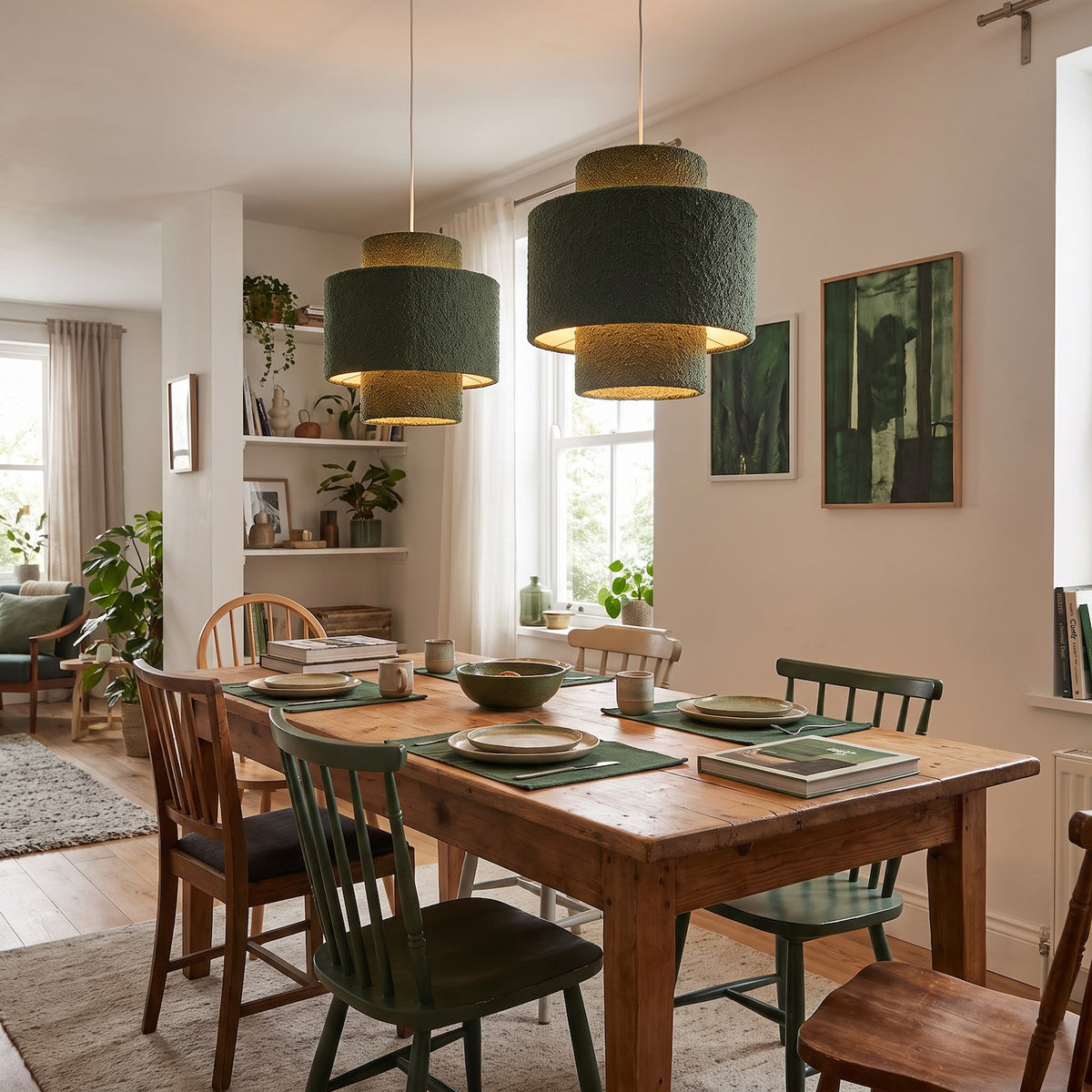Modern Tiered Pendant Shade in Luxurious Forest Green Boucle Fabric Image 6