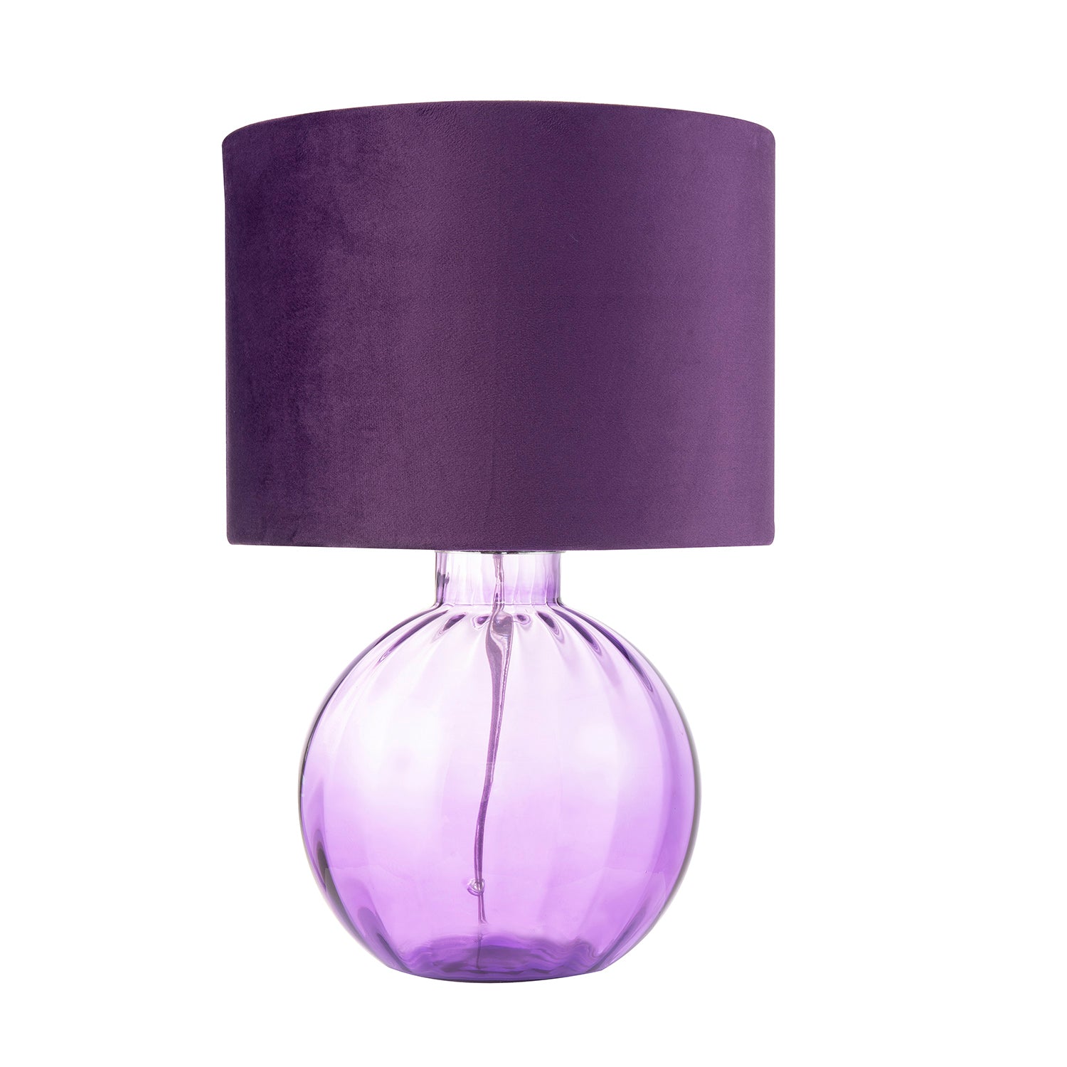 Contemporary Deep Purple Ribbed Glass Table Lamp with Soft Velvet Fabric Shade Image 1