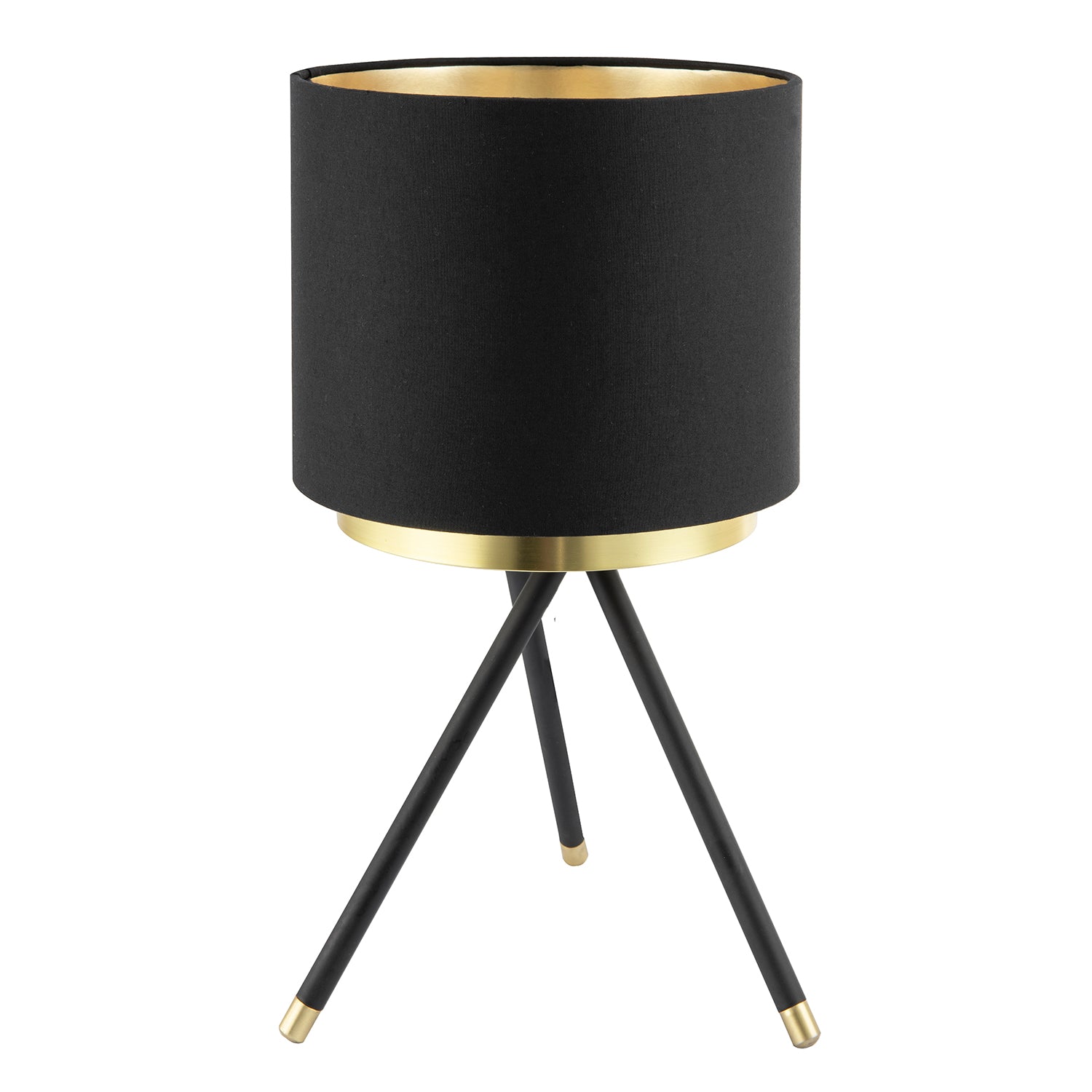 Black Tripod Table Lamp with Gold Metal Ring and Cotton Drum Shade Image 1