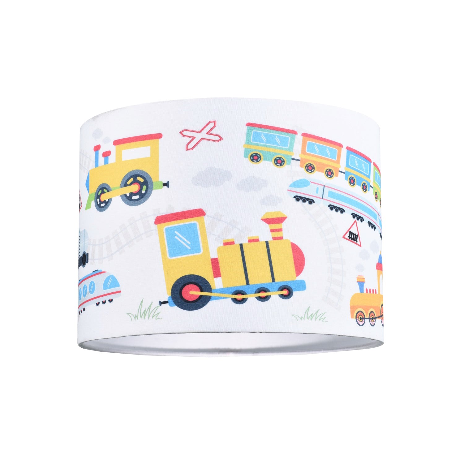 Modern and Colourful Trains Childrens Cotton Fabric Round Drum Lamp Shade - 25cm Image 1