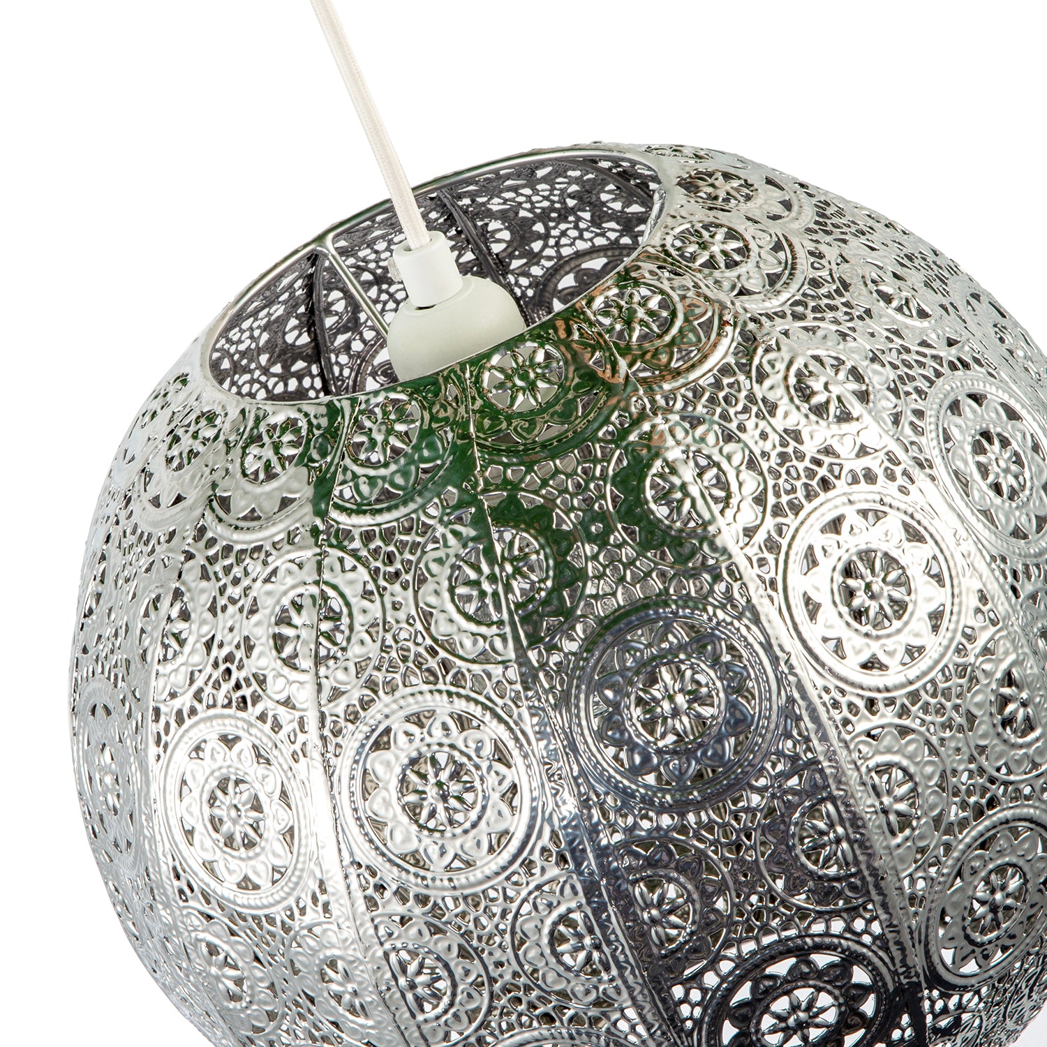 Spherical Vintage Moroccan Pendant Lamp Shade in Shiny Silver Metal Image 3