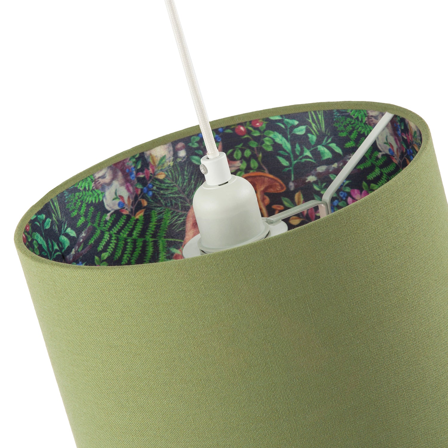 Woodland Animals and Forest Drum Lamp Shade with Olive Green Linen Image 4