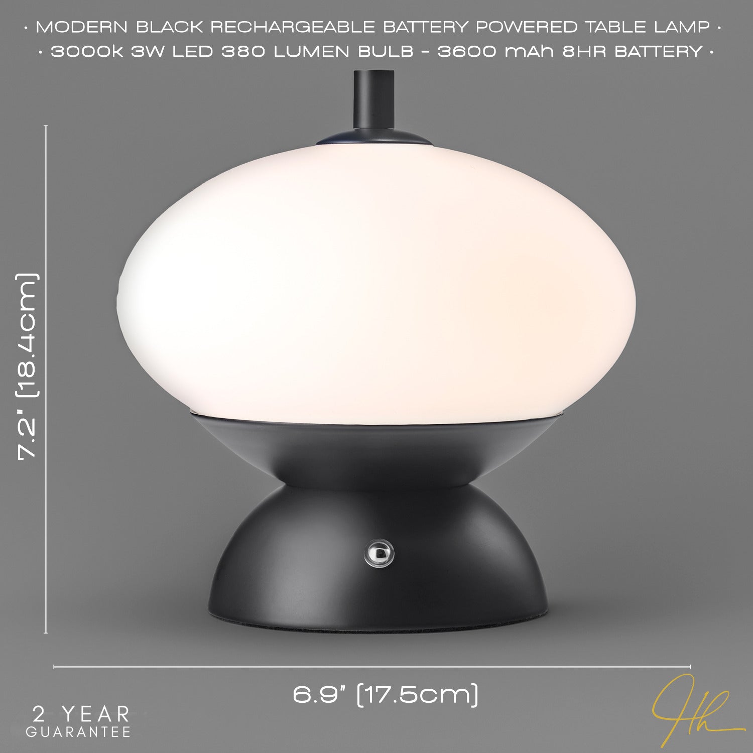 Black Domed Rechargeable Touch Dimmable Table Lamp with Frosted Glass Shade Image 5