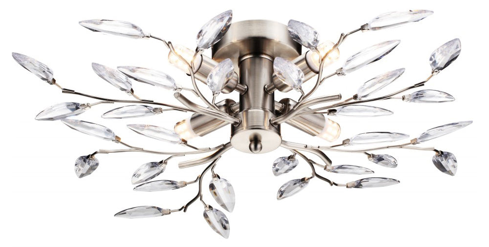 Modern Birch 4 Light Semi Flush Satin Chrome Ceiling Light with Clear Leaves Image 1