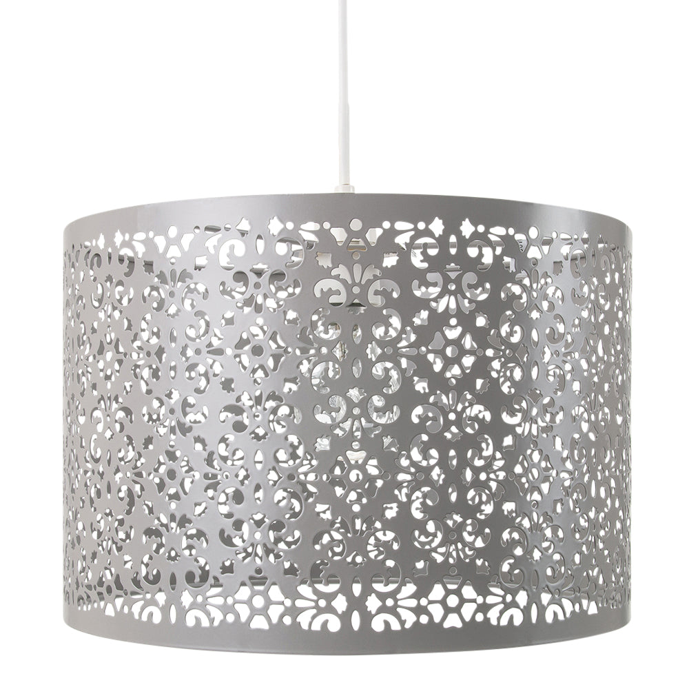 Marrakech Designed Soft Grey Metal Pendant Light Shade with Floral Decoration Image 1