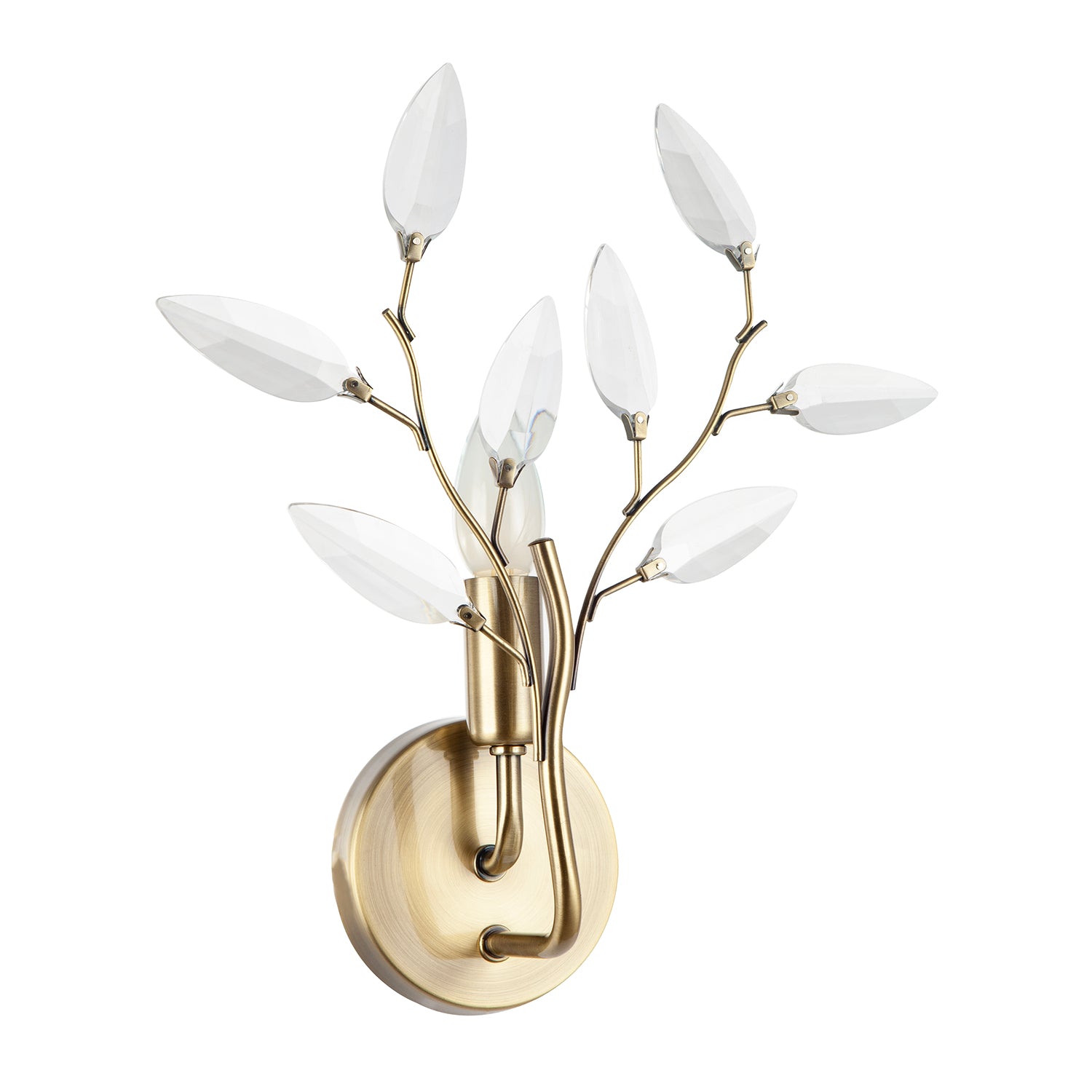 Modern Birch Antique Brass Plated Wall Light Fixture with Clear Acrylic Leaves Image 2