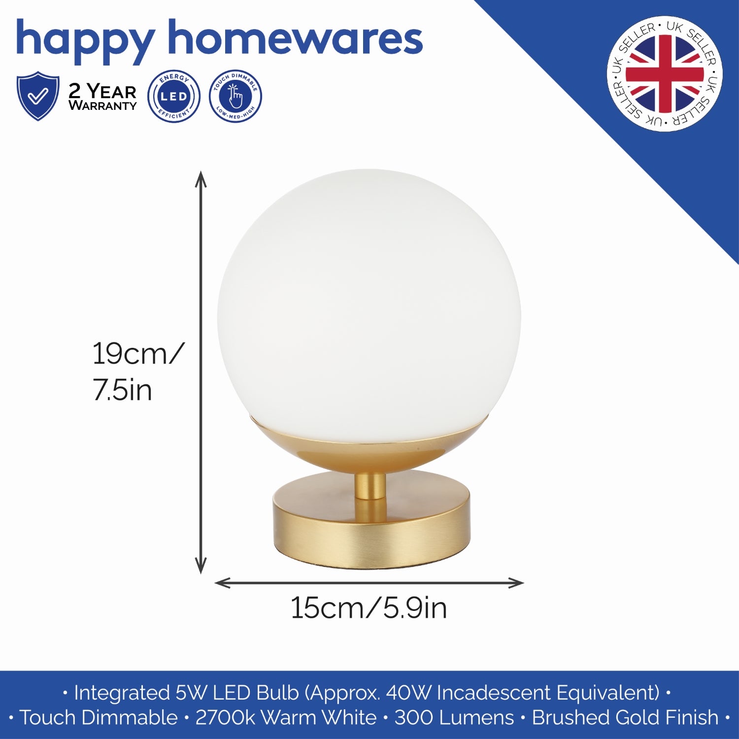 Modern Touch Dimmable LED White Globe Glass Table Lamp with Brushed Gold Base Image 4