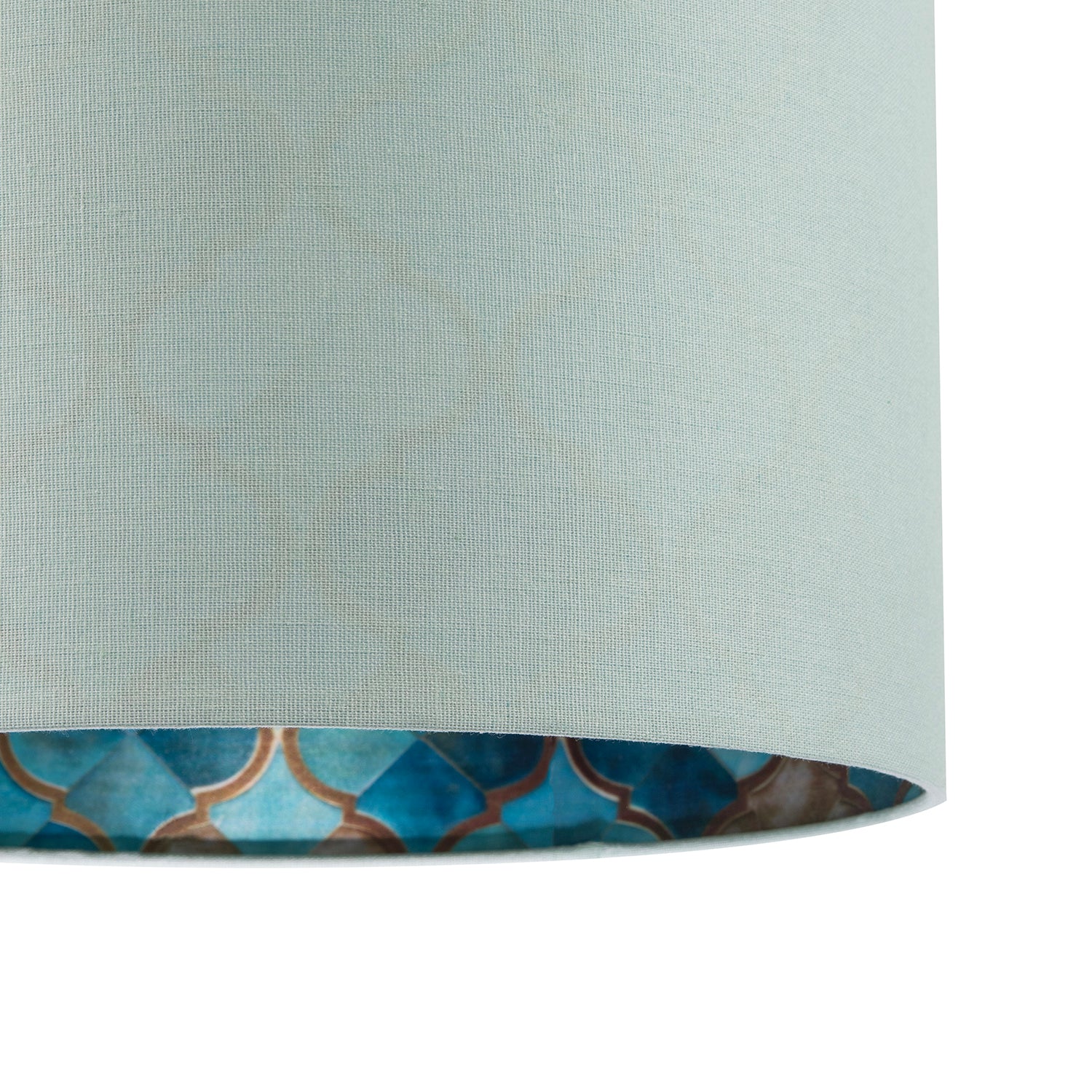 Designer Duck Egg Linen Lamp Shade with Moroccan Scale Pattern Lining Image 3