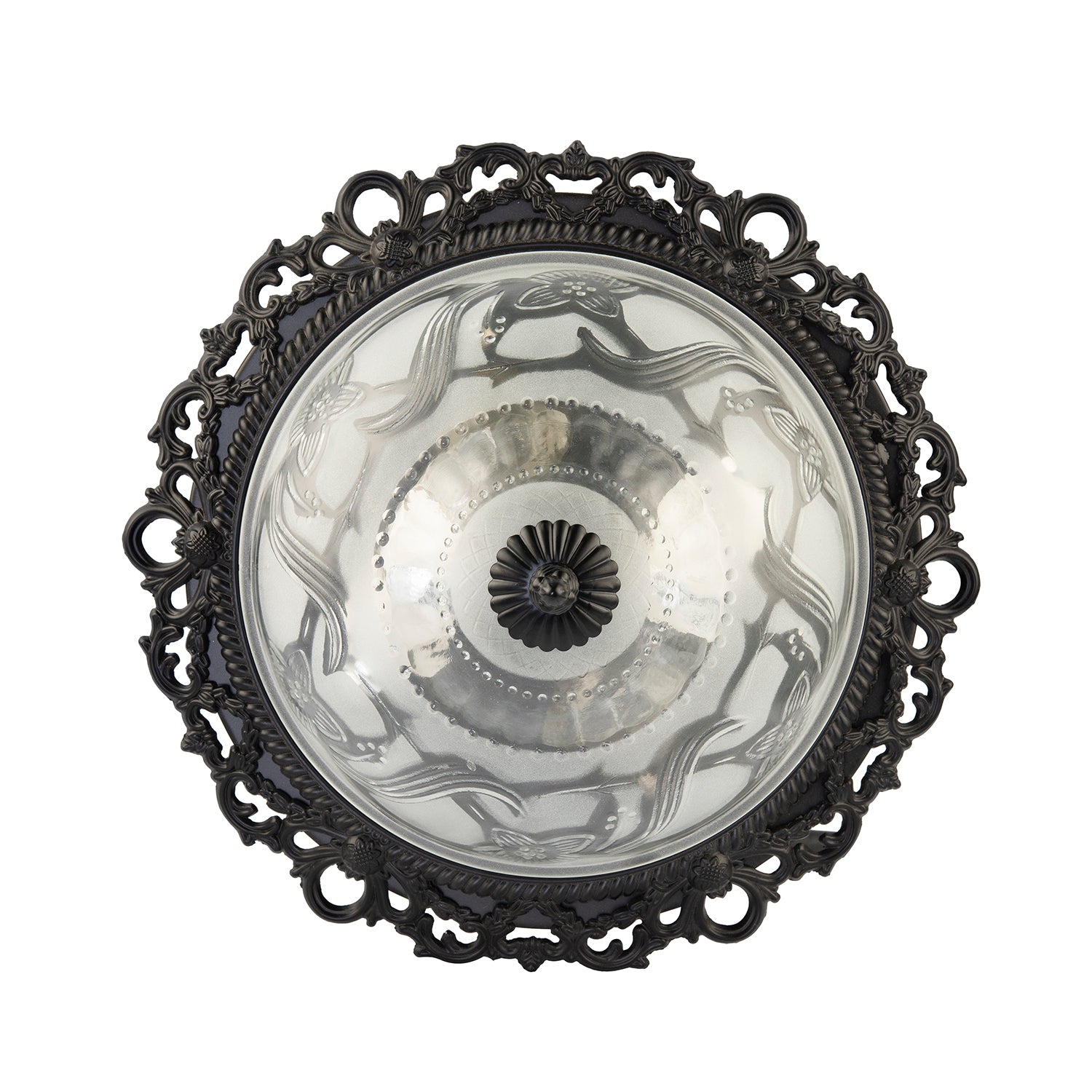 Traditional and Classic Matt Black and Frosted Floral Glass Flush Ceiling Light Image 3