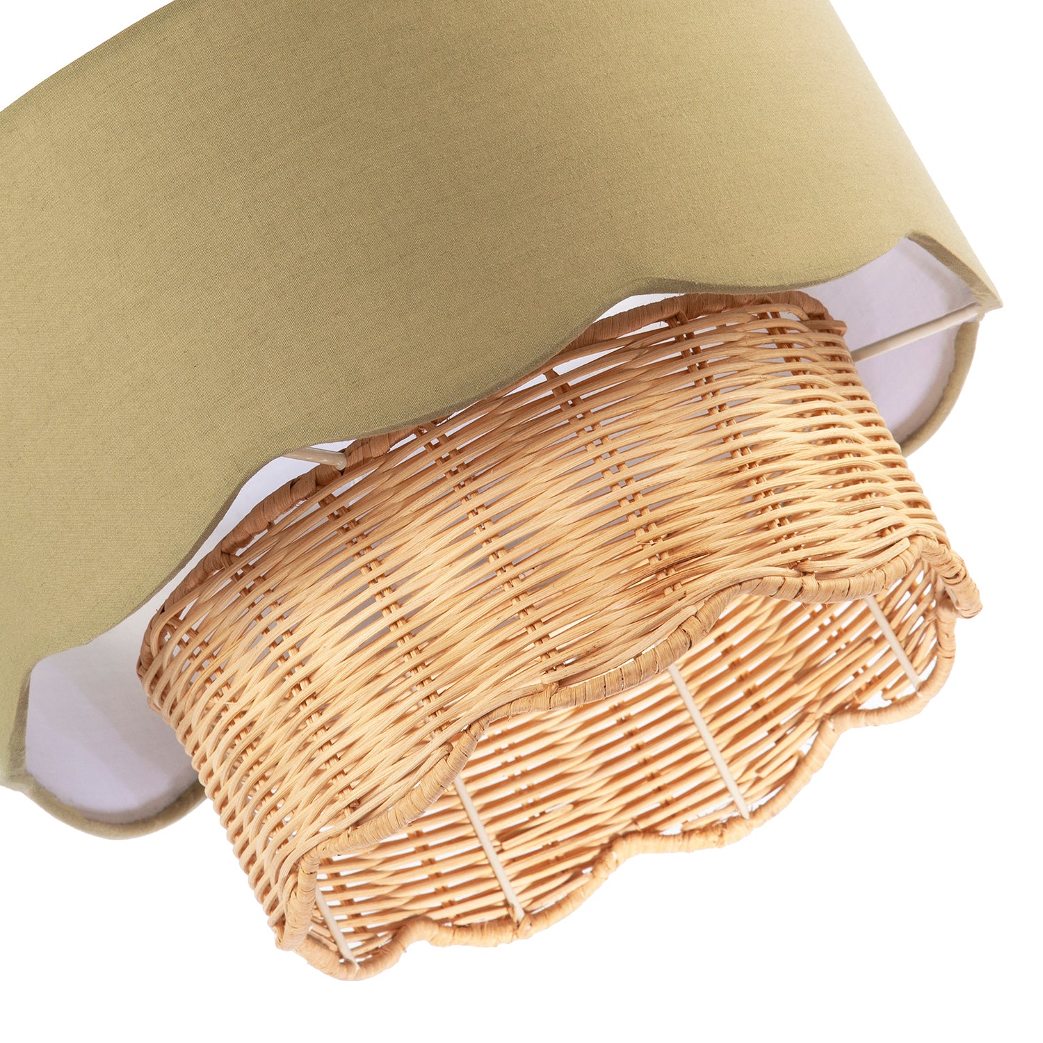 Dark Olive Linen Fabric and Natural Rattan Scallop Pendant Lamp Shade Image 5