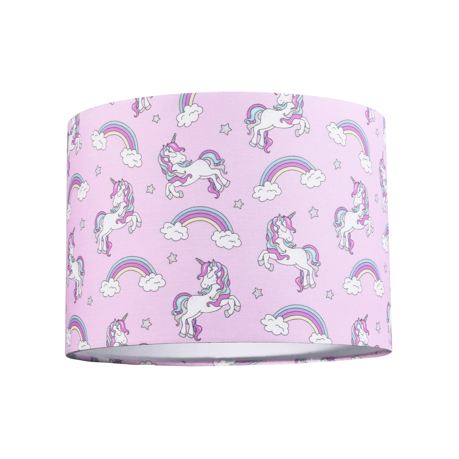 Beautiful Modern Soft Lilac Cotton Lampshade with Unicorns Clouds and Rainbows Image 1