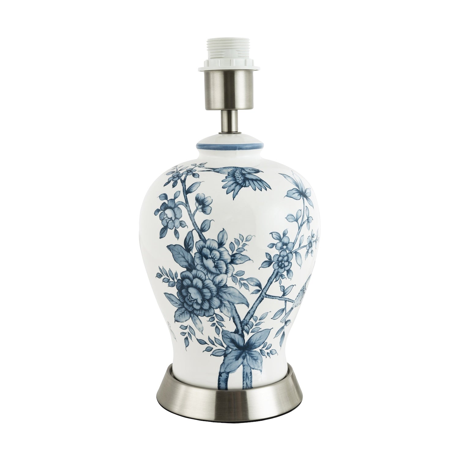 Traditional White Gloss Ceramic Lamp Base with Navy Blue Floral and Bird Decor Image 1