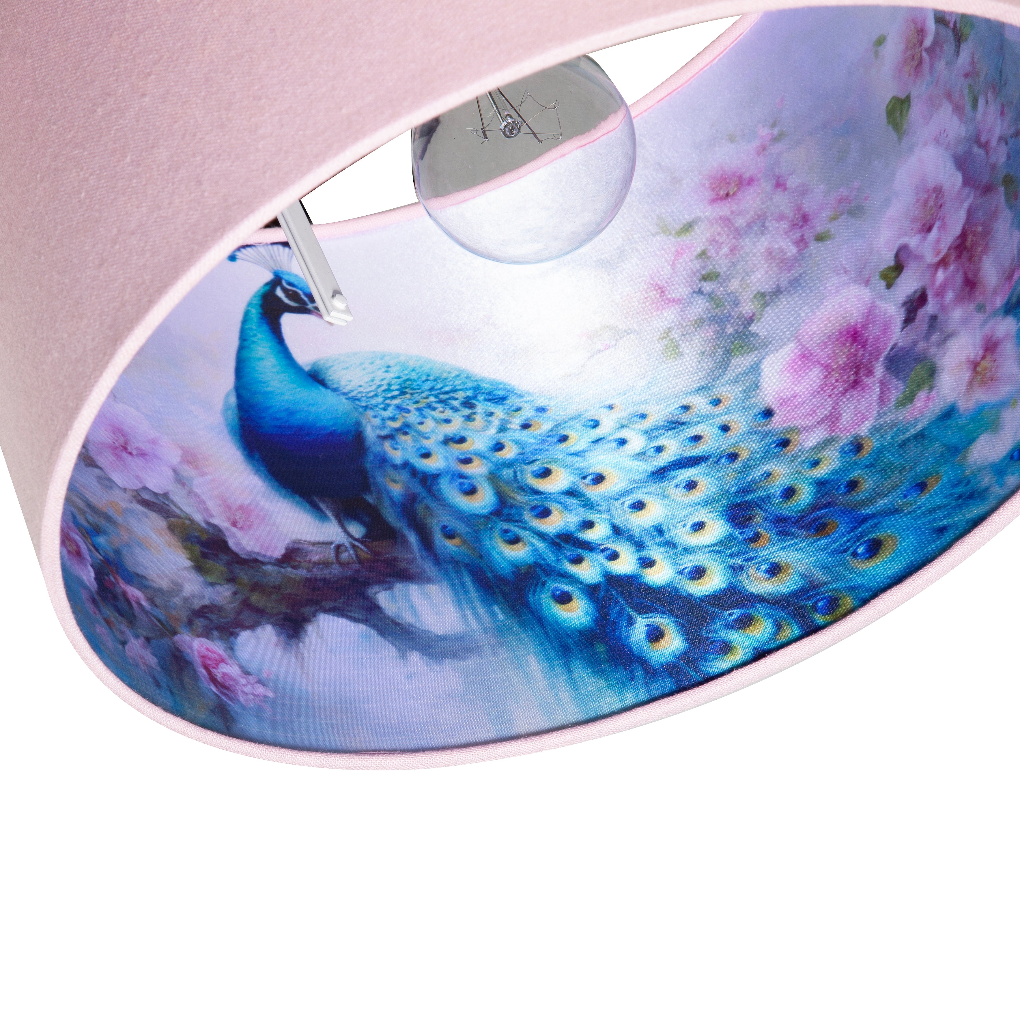 Elegant Blue Peacock and Pink Floral 12 Inch Lamp Shade in Pink Linen Image 4