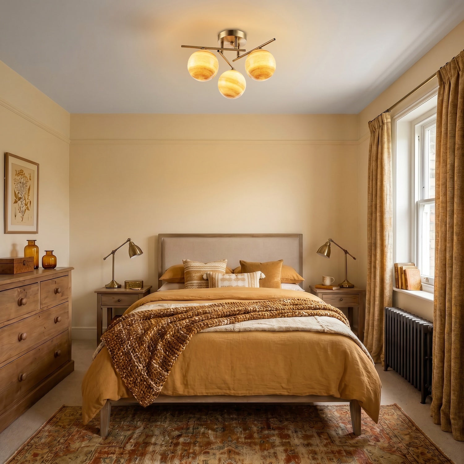 Modern Antique Brass Ceiling Light with Amber Tone Marble Glass Shades Image 6