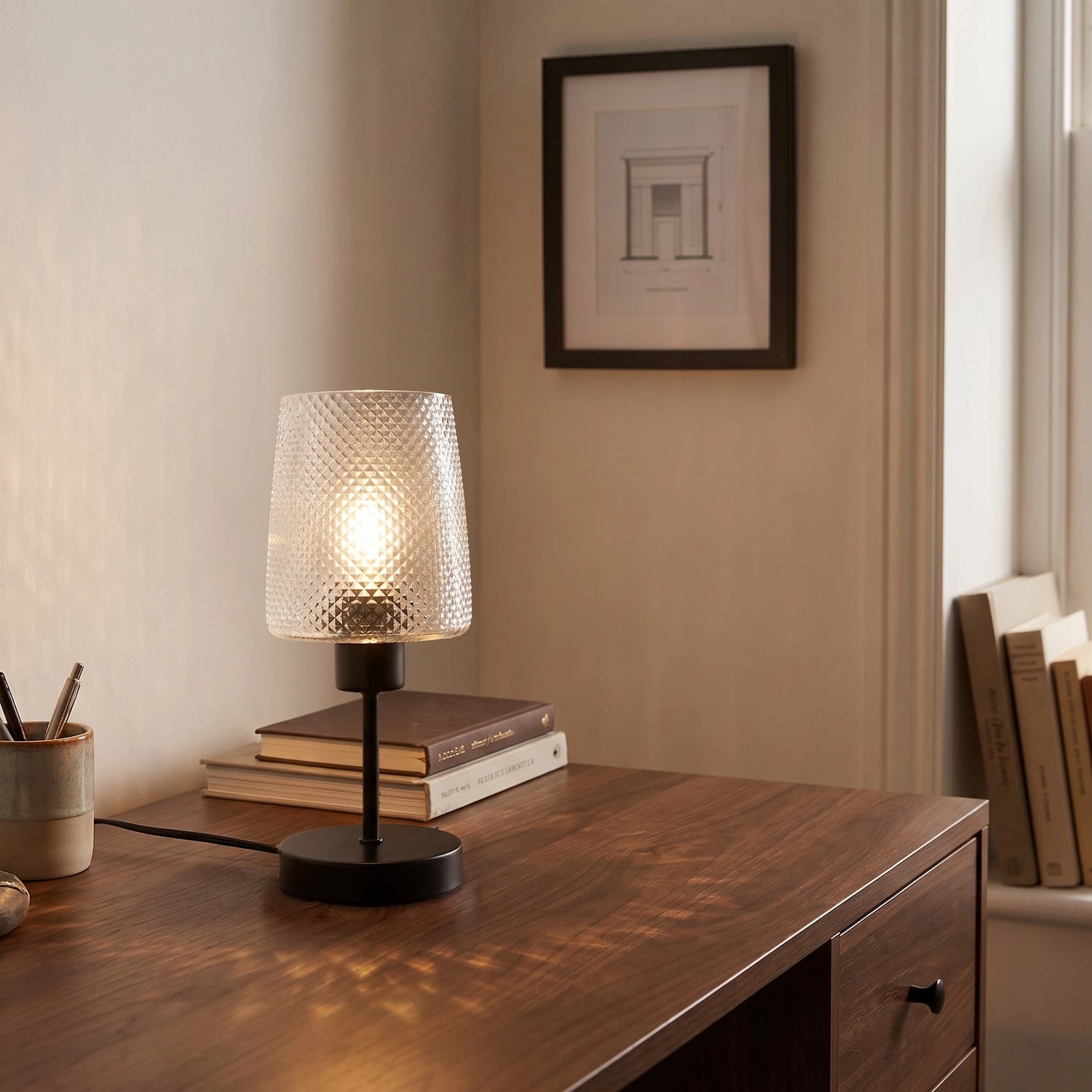 Modern Clear Dimpled Glass Table Lamp with Matte Black Stem and Base Image 6