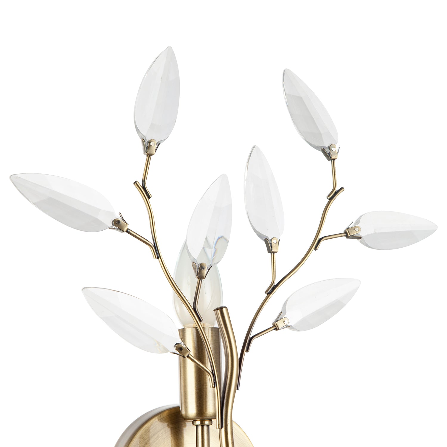 Modern Birch Antique Brass Plated Wall Light Fixture with Clear Acrylic Leaves Image 4