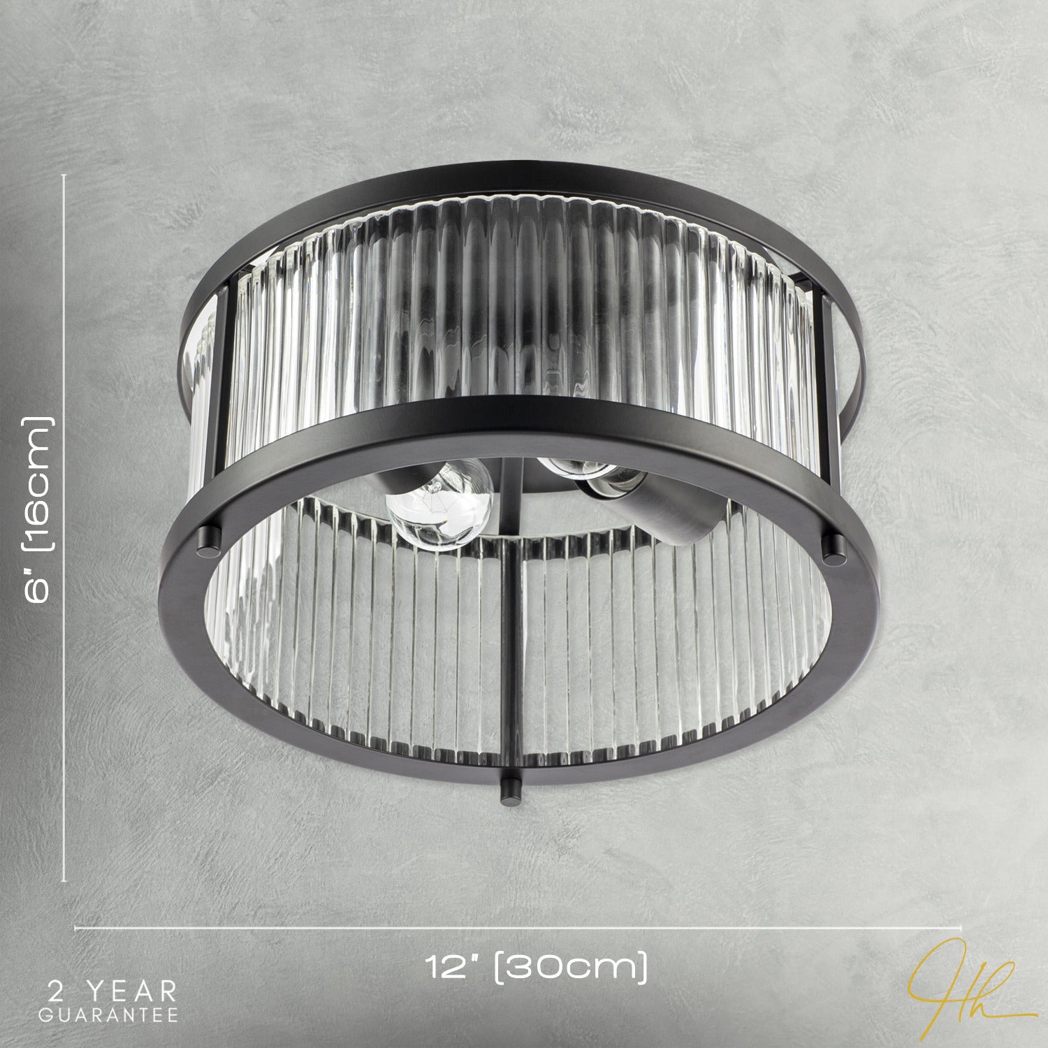 Sleek Matte Black Flush Ceiling Light with Fluted Ribbed Clear Glass Image 7